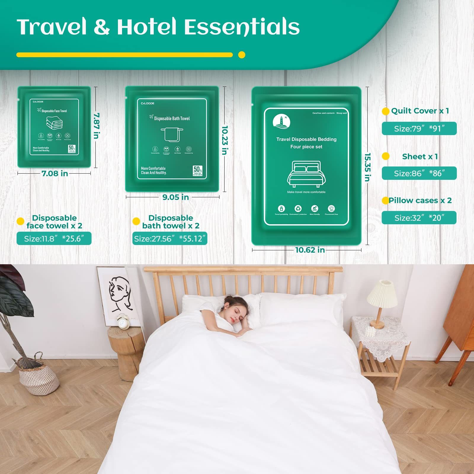 8 szt. jednorazowych prześcieradeł do hotelu, niezbędne w podróży z 2 jednorazowymi ręcznikami kąpielowymi, 2 jednorazowymi ręcznikami do twarzy i 4 szt. jednorazowych prześcieradeł, jednorazowe myjki