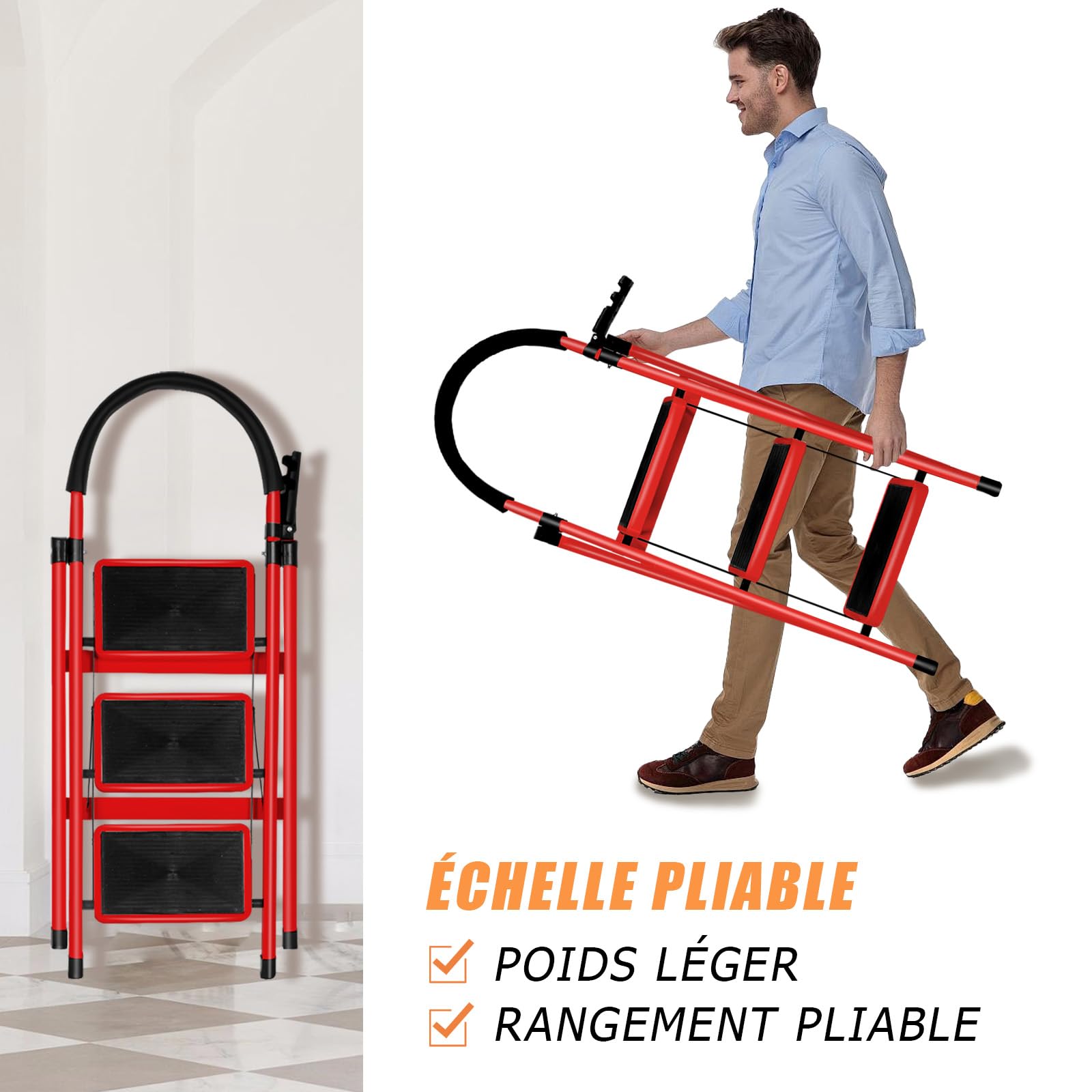 Escabeau Ménager 3 Marches en Aluminium avec Mains Courantes 150 KG Escabeau en Aluminium Echelle Multifonctions pour Maison et Bureau-104 x 57 x 41,5 cm - 3 marches (Rouge)