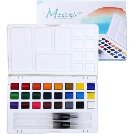 Amazon 固形水彩絵具セット 絵の具 透明水彩セット 24色顔料 絵具ケース パレット ２本水筆ペン 携帯用 絵具 通販