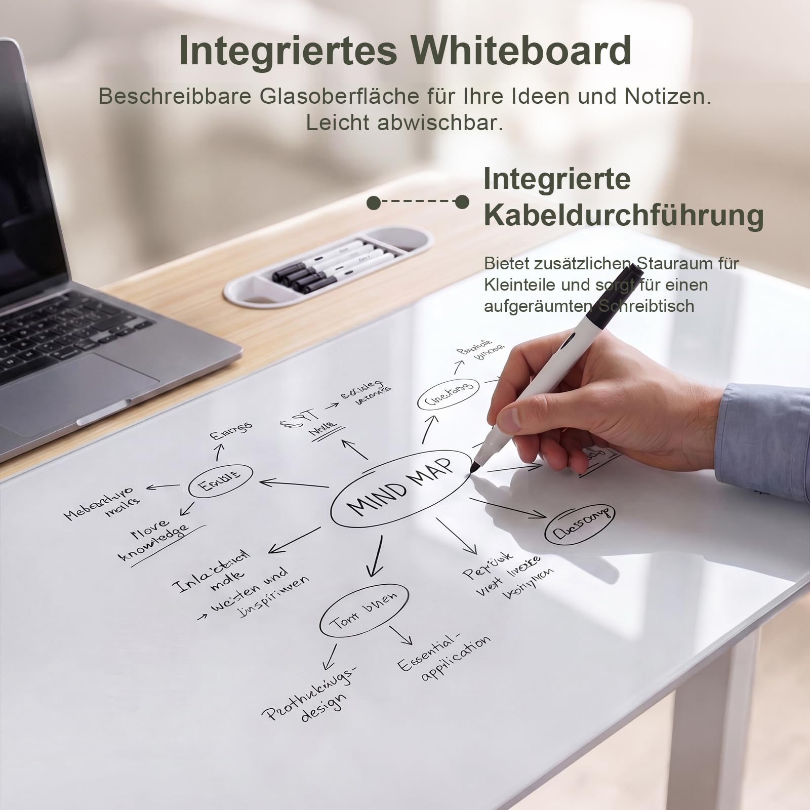 Devoko Höhenverstellbarer Schreibtisch Glas 140x70cm,Elektrischer Schreibtisch mit beschreibbarer Glasoberfläche, 72-118 cm Sitz-Steh Tisch mit 3 Höhenspeichern, USB, Kabelmanagement für Homeoffice