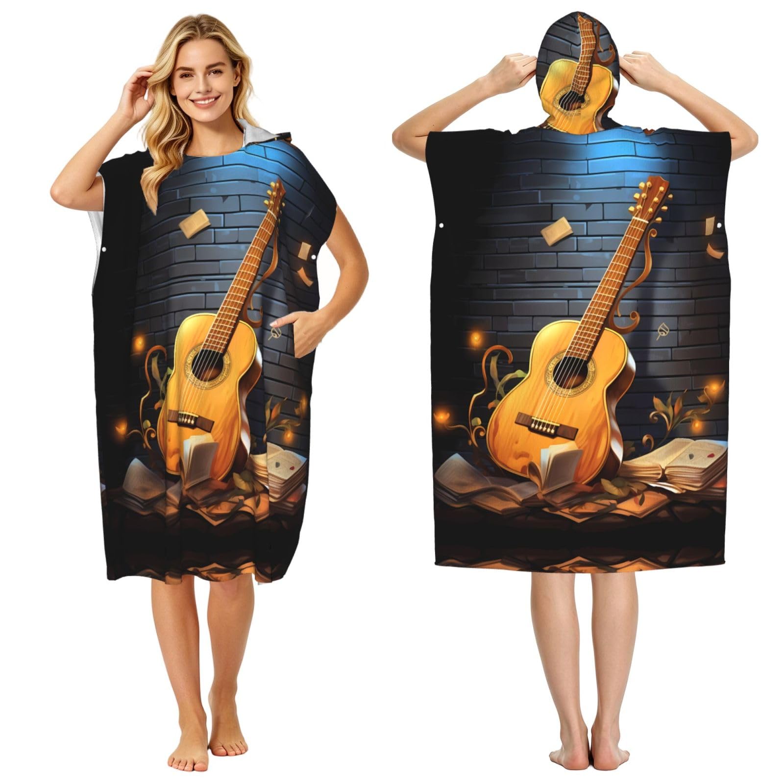 Poncho à capuche en microfibre imprimé guitare pour surf et bain