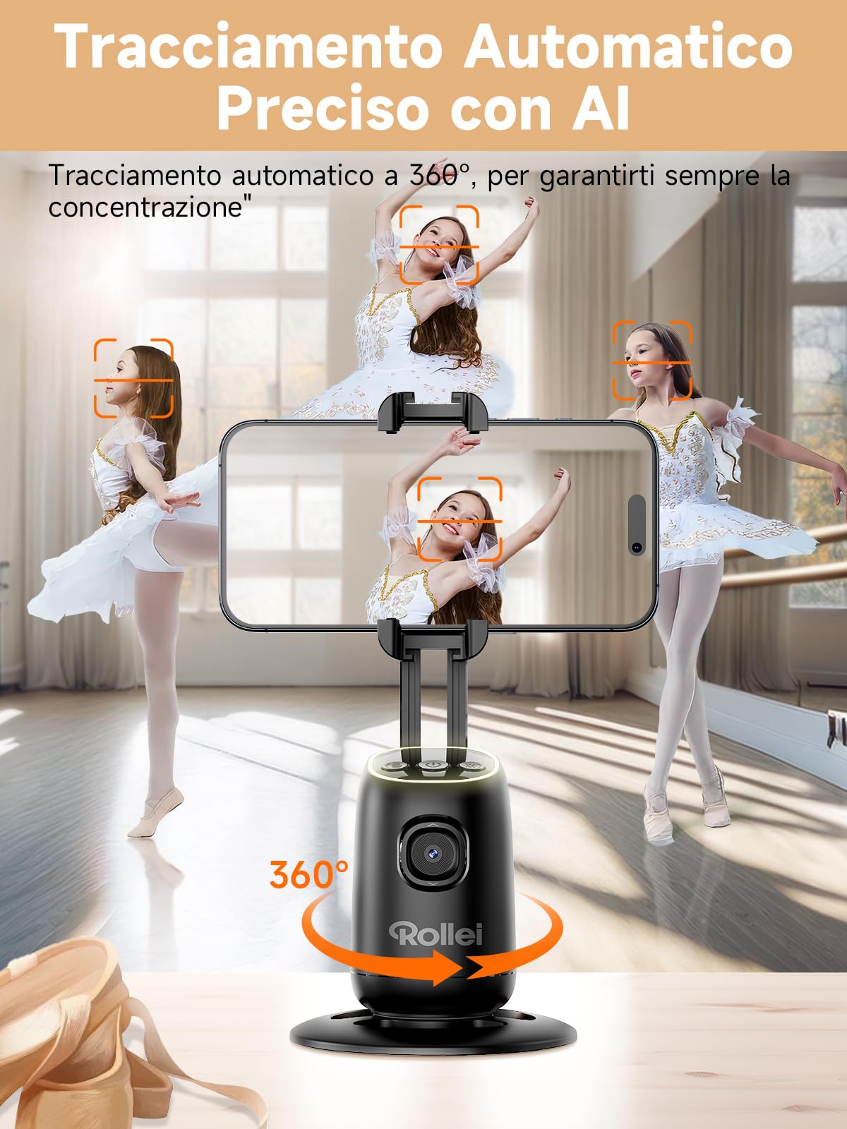 Supporto Smartphone con Tracciamento, Rollei Easy Creator Desktop Auto Tracking Treppiede Stabilizzatore Telefono 360 per Tiktok Live Streaming Video Vlog, Supporto-Smartphone-Treppiede-Stabilizzatore