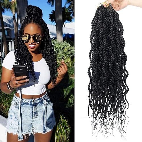 (paquete de 6 unidades) 18 pulgadas Trenzas senegalesas de pelo ondulado sintético Extensión de pelo Kanekalon rizado, 18, #1B