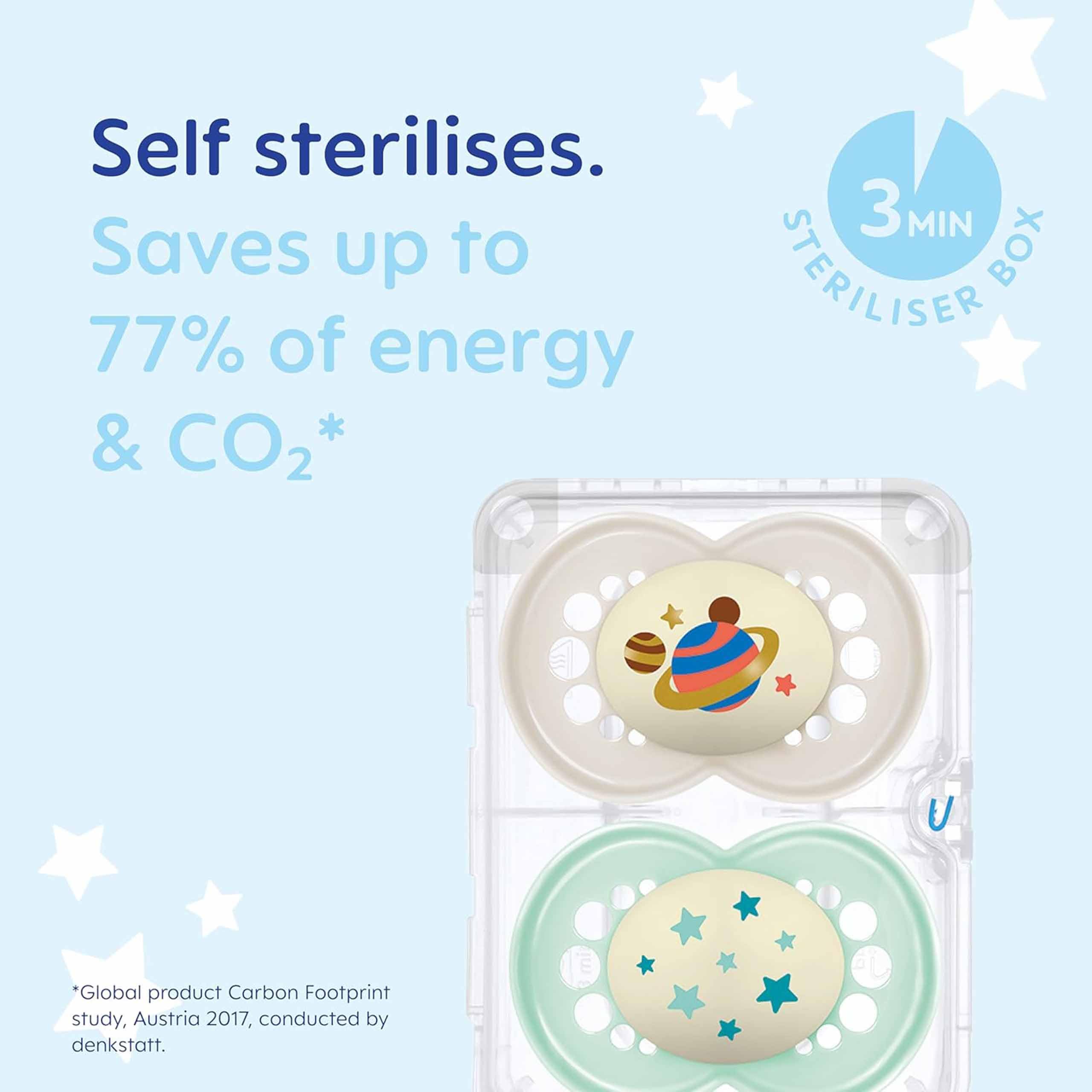 MAM Original Night Soothers | 6-18 Months | 2 Pack | Glow in the Dark Dummies | Comes in Dummy Steriliser Case | Baby Accessories | Grey/Cream (Various Designs) — view 5