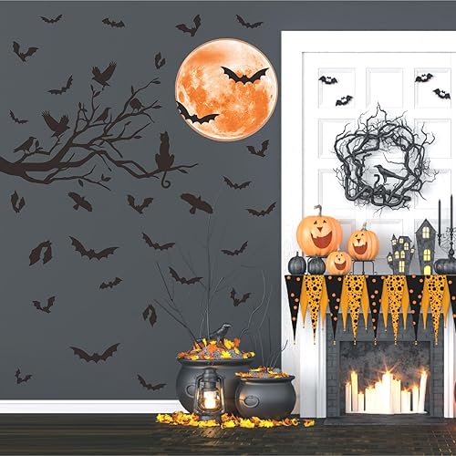 Vista 6 de Halloween Moon Wall Sticker Black Bat Wall Stickers Vinyl Crow Bird Tree Branch Wall Decals Removable Halloween Moon Bat Wall Decals Bats Window