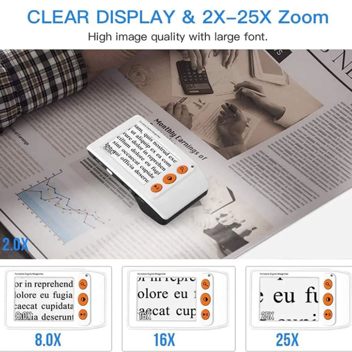 Lupa Digital, Lupa de Ayuda de Lectura Electrónica Portátil de Mano de 3.5", Enfoque Automático, Aumento 2X-25X, 8 Modos de Color, Lupa de Lectura para Letras Pequeñas Y Baja Visión,White