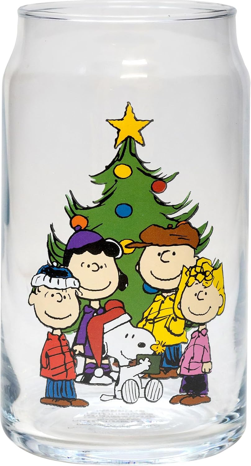 Spoontiques Peanuts Christmas Glass Set - 2 Unique Glasses Per Set in Colorful Decorative Gift Box - 16oz - 5 1/4" Tall