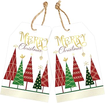 joycraft 50Pcs Christmas Tags with String - 3.3x2.1 in White Merry Xmas Paper Gift Hangtags, Red & Green Christmas Tree Gift Wrap Tags for Party Favor, Candy Bags, DIY Craft, Dessert Packaging