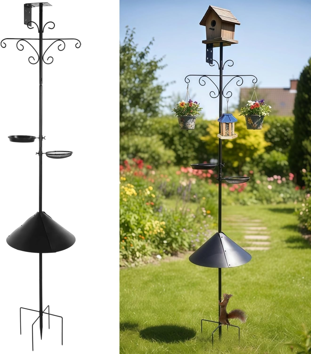 92 in Bird Feeder Pole, Squirrel-Proof Shepherd Hooks, Heavy-Duty Bird Feeding Station with Water Bowl & Mesh Tray, Adjustable Tall Feeder Stand for Plants, Lanterns