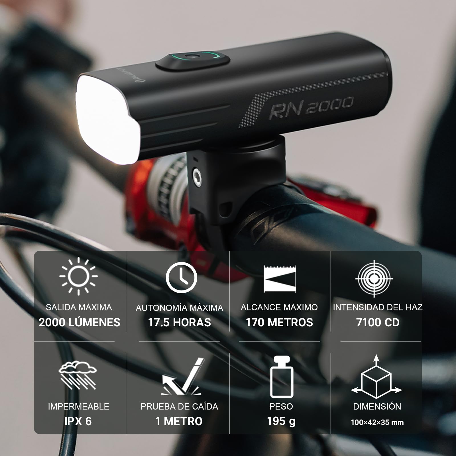 OLIGHT RN 2000 Faro de Bicicleta con Control Remoto Inalámbrico 2000 lúmenes 170 Metros IPX6 Luz del Casco Tipo C Sensor de Choque Carga/Descarga Negro