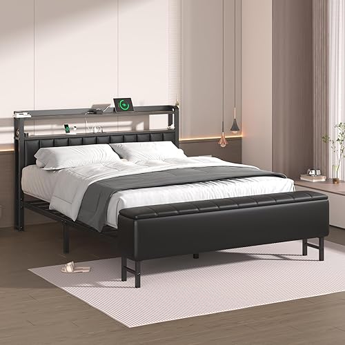 Miniatura 8 de Estructura de cama de tamaño completo con cabecera y proyector de estrellas, estructura de cama tapizada en metal con estación de carga, estructura