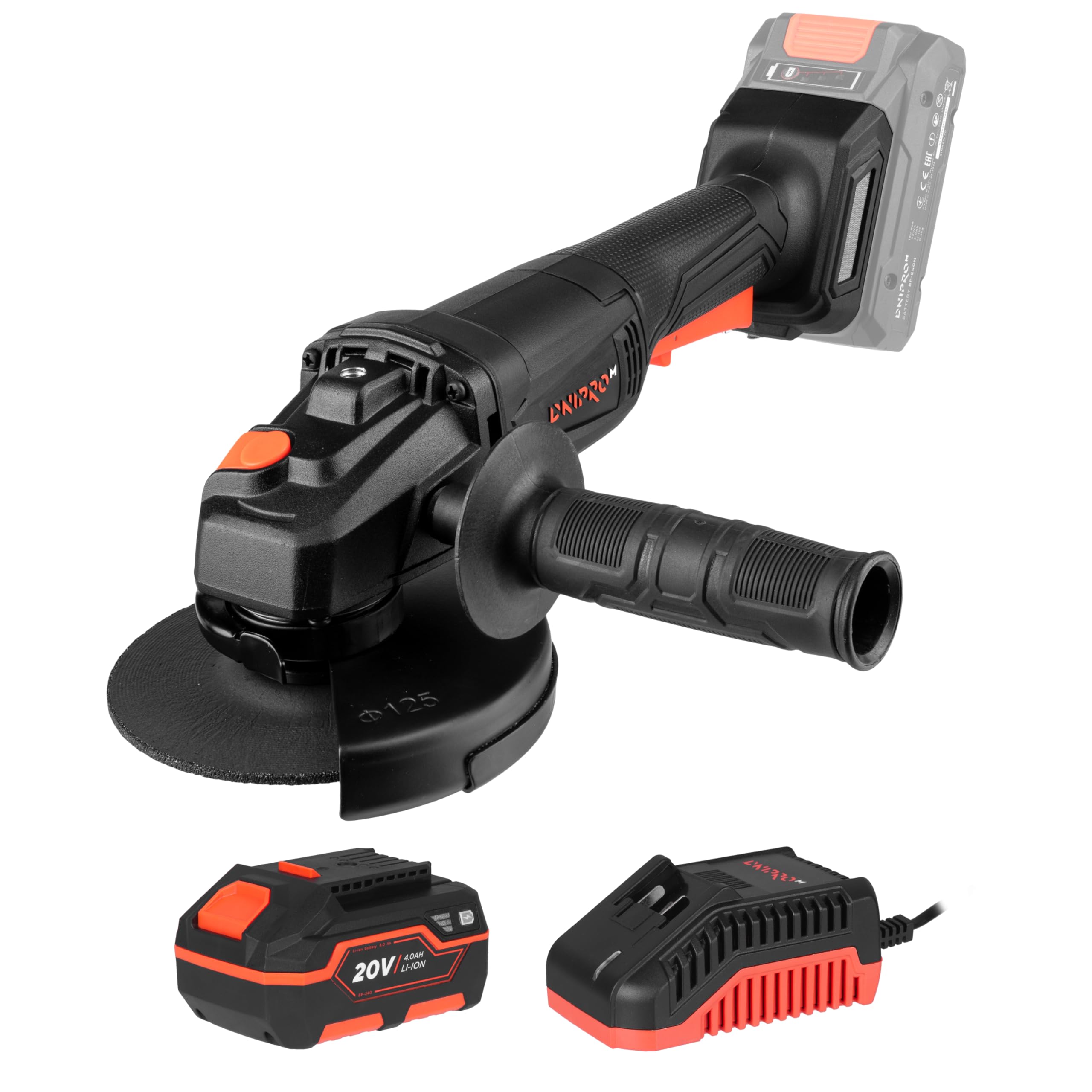 Amoladora Angular Inalámbrica DGA-201M 20V con Batería 4Ah y Cargador - Radial 125 mm 10.000 rpm M14 con Protector de Ajuste Rápido para Corte, Desbaste, Lijado y Eliminación de Óxido - por Dnipro-M