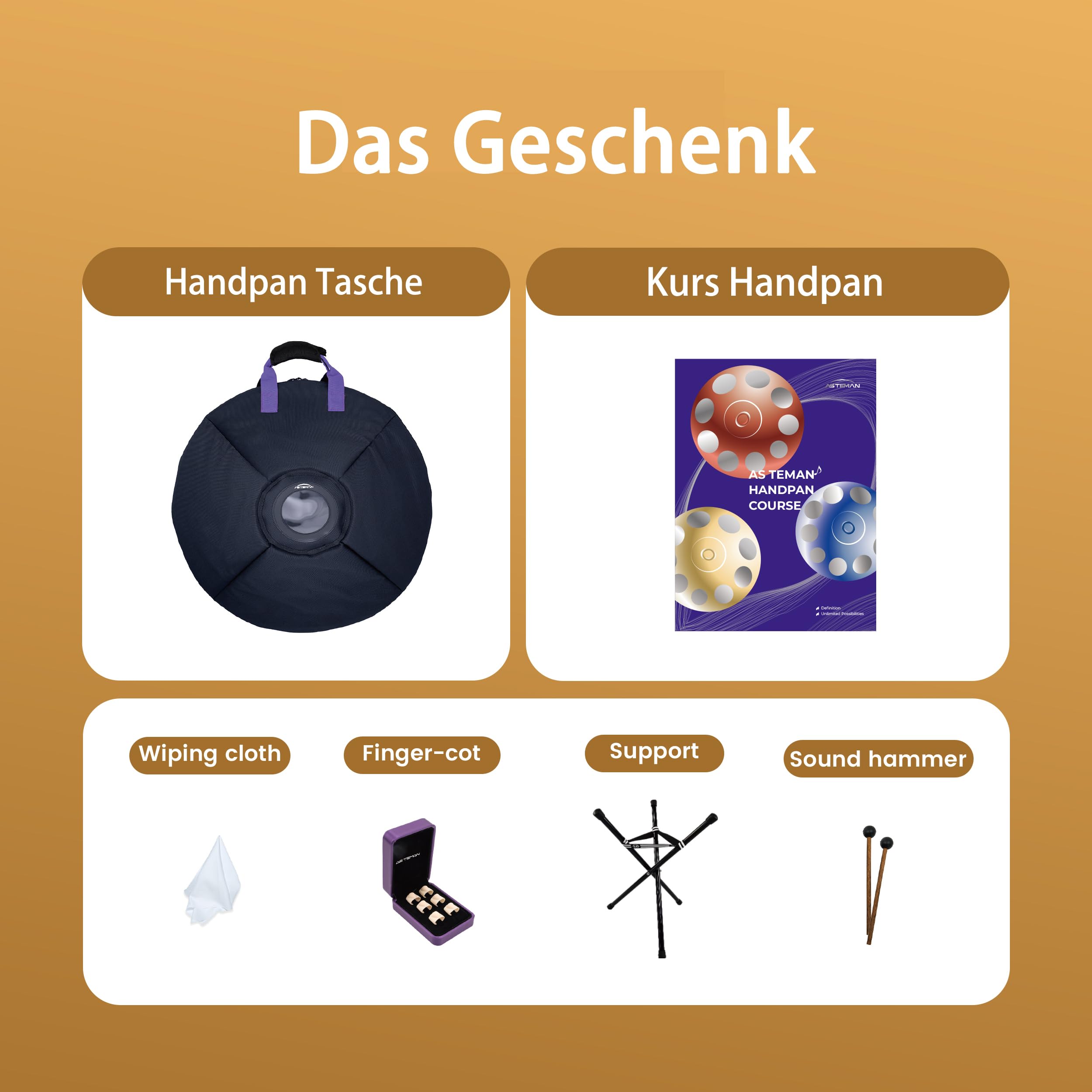 ASTEMAN Handpan D-moll, 18 cali, z 9 nutami, w zestawie plecak, kurs, kostki do palców, stojak, ściereczka do czyszczenia i dwa młotki. (Złoty, 432Hz)