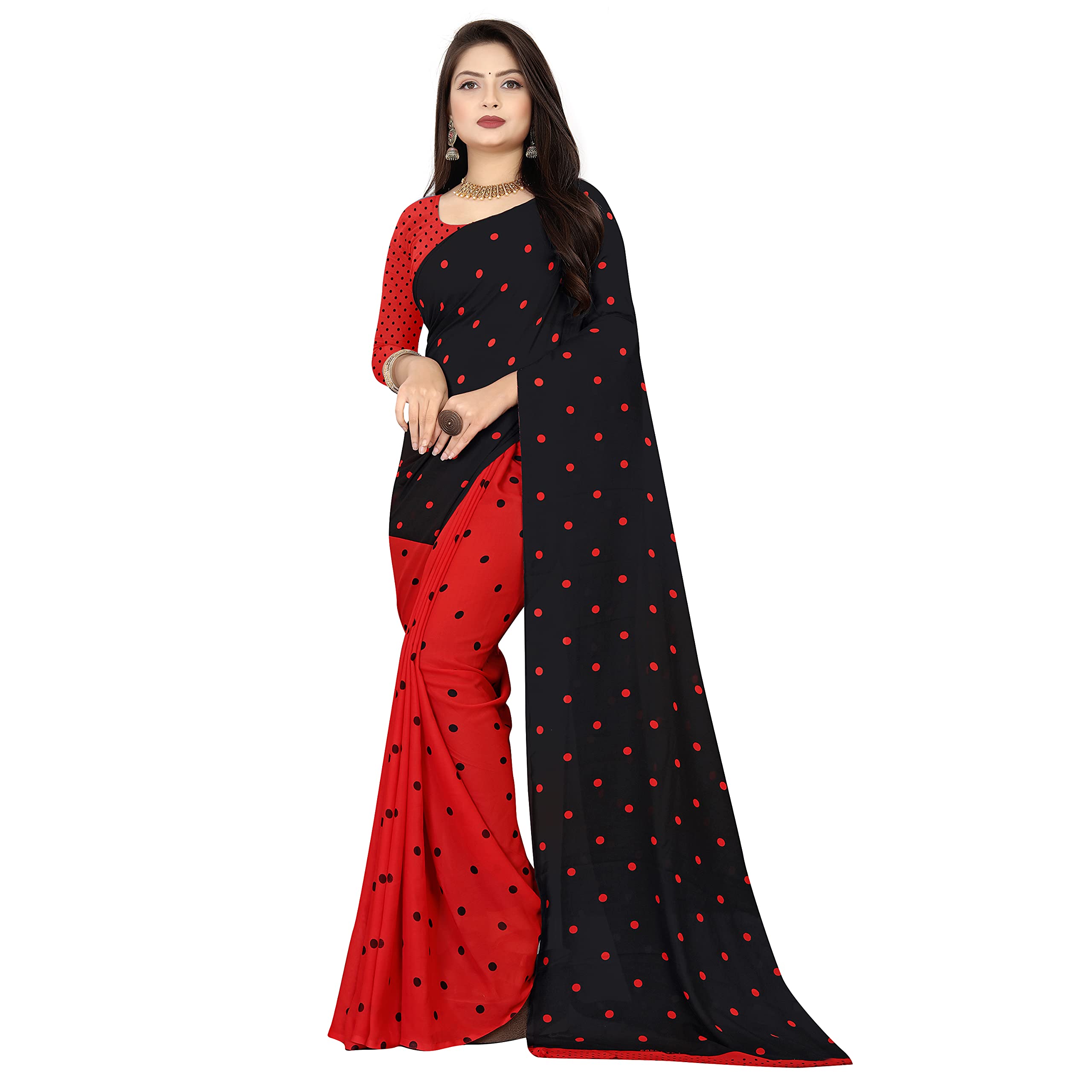 Polka Print Georgette Saree (Black)-image-12