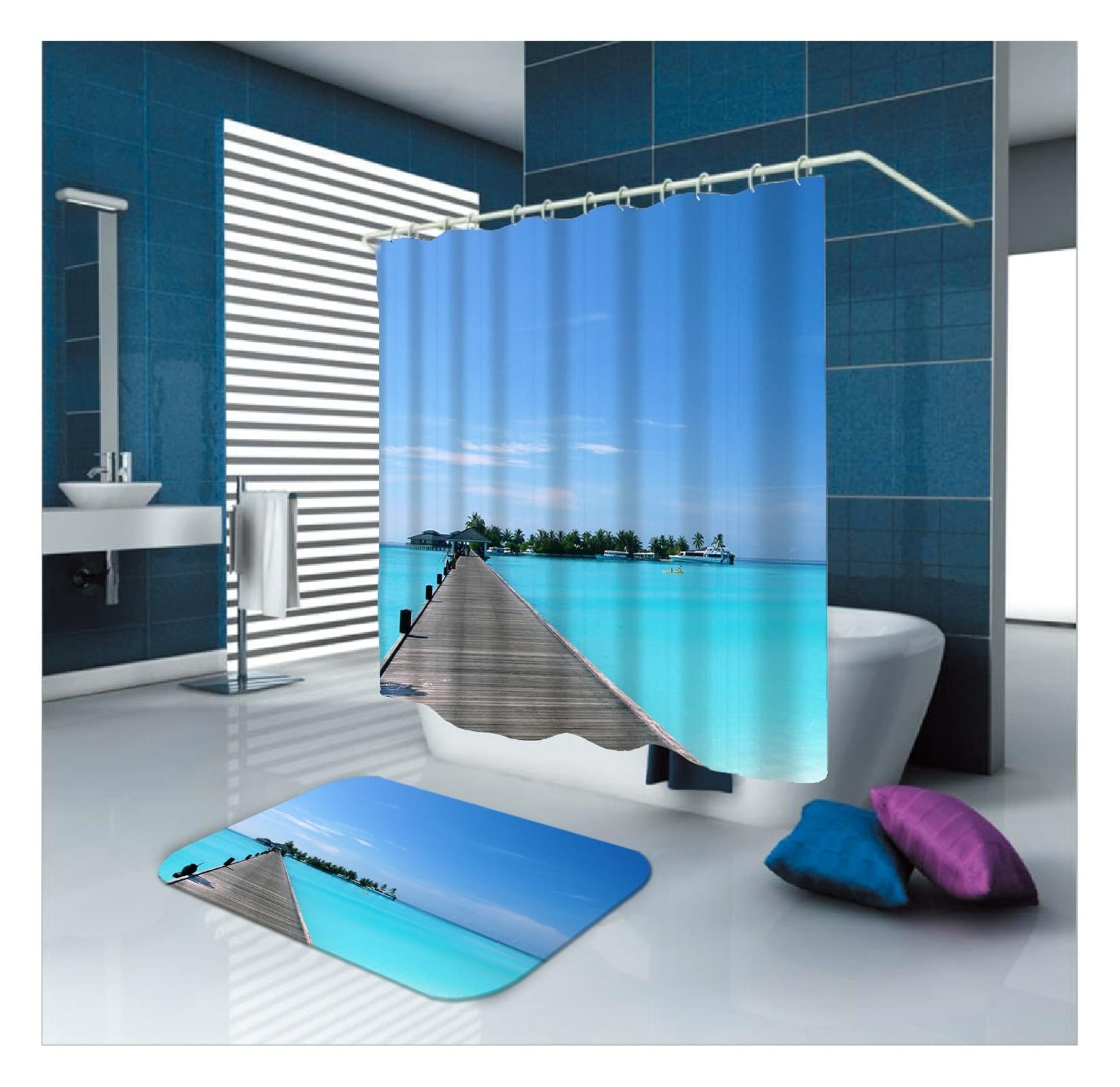Rideau de douche imperméable en textile bleu contre les moisissures de salle de bain