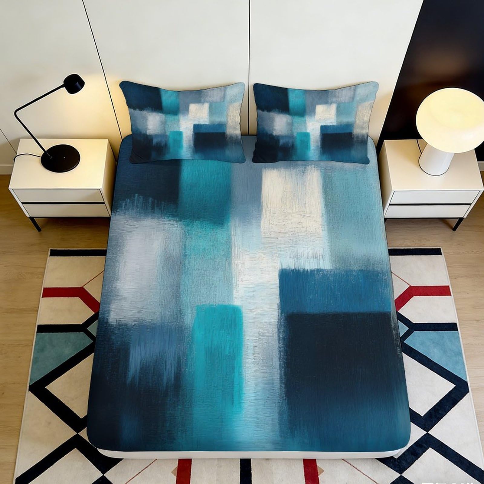 3D Printed Abstract Blue Blocks Fitted Sheet Microfiber Soft Modern Geometric Mattress Cover for Bedroom Guestroom Decor 90x200x25cm
