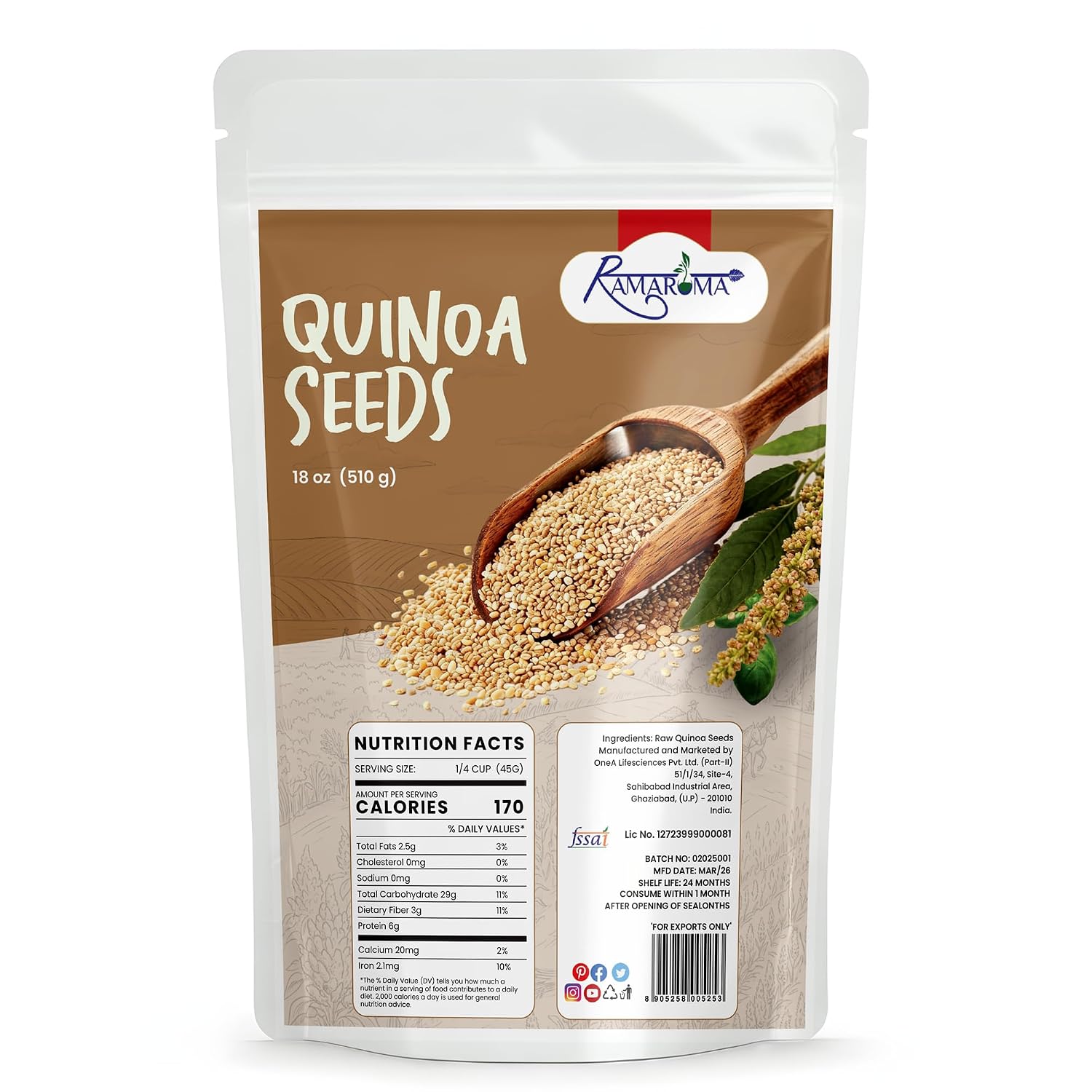 Ramaroma Premium Quinoa, 18 oz –Versatile Grain for Salads, Bowls, Soups, and Everyday Home, Plant Protein, USDA Organic, Gluten-Free, Non-GMO, Vegan, Kosher Rice and Pasta Substitute