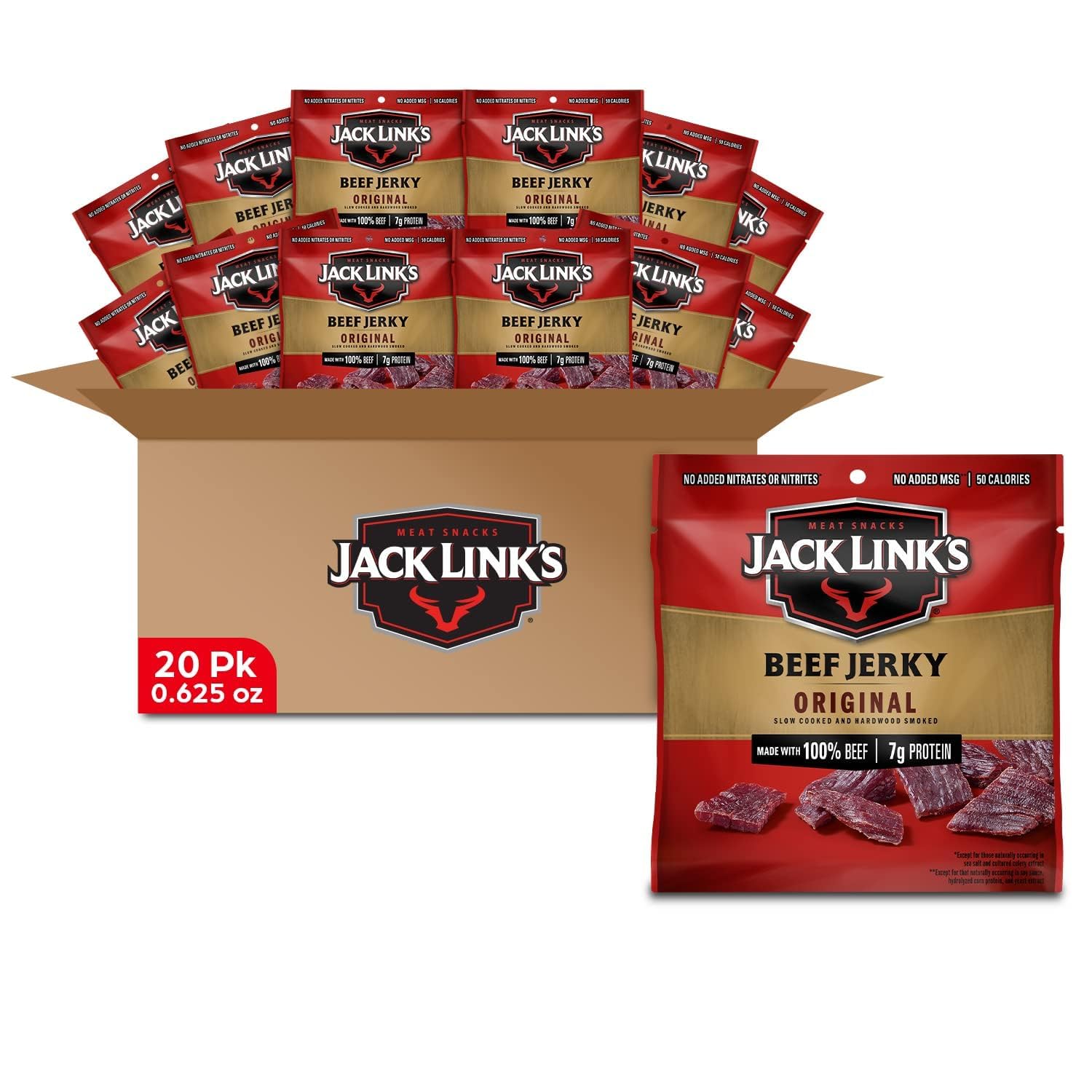 Beef Jerky, Original, Multipack Bags - Flavorful Meat Snack for Lunches, Ready to Eat - 7g of Protein, Made with Premium Beef, No Added MSG** - 0.625 oz (Pack of 20)