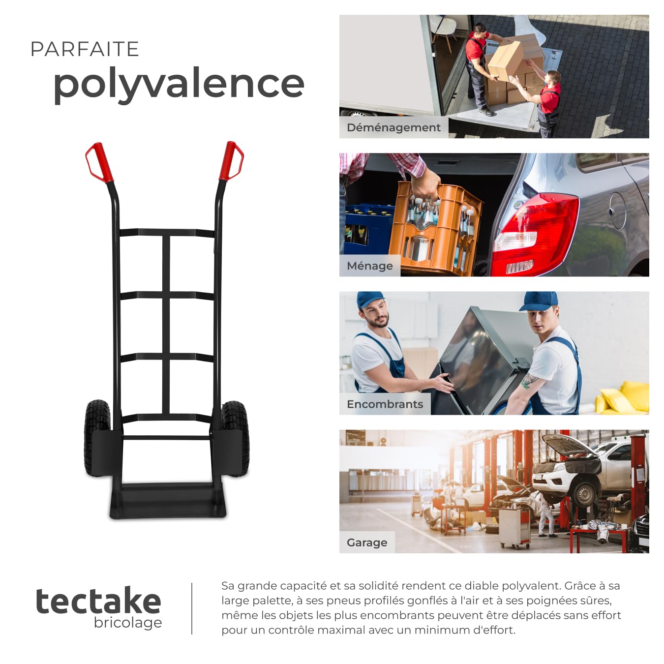 tectake® Diable Chariot de Transport Max. 200kg Pneus Tout Terrain Solides Diable demenagement escalier manutention Kit déménagement pour Maison Bureau Salon Professionnel Voyages