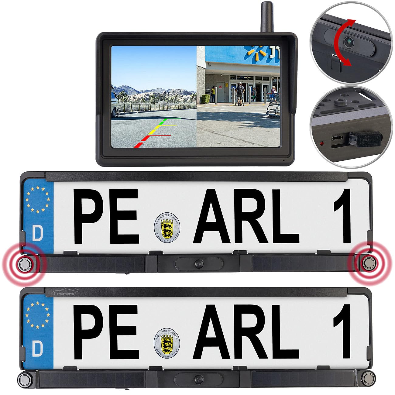 Lescars Einparkhilfe nachrüsten: Solar-Funk-HD-Front- & Rückfahrcam, Splitscreen-Monitor Abstandswarner (Einparkhilfe nachrüsten kabellos, Parksensoren kabellos, IP)