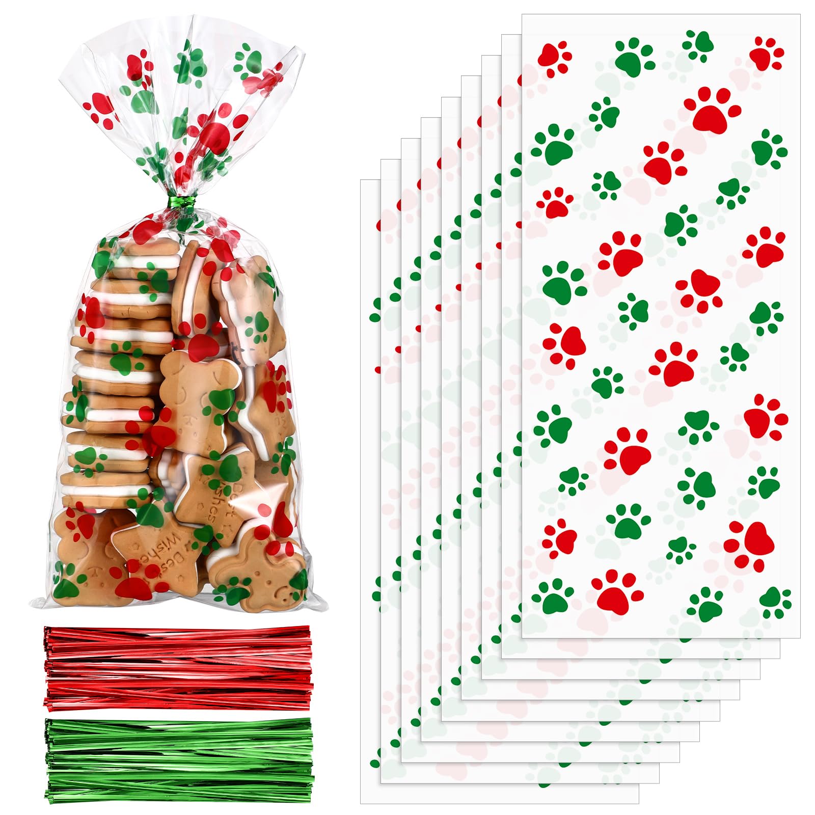 Boao 150 Pcs Dog Treat Bags Pet Paw Cellophane Bags Dog Party Favors Paw Gift Bag with 150 Pieces Twist Ties for Pet Party Favor Decorations(Red, Green)