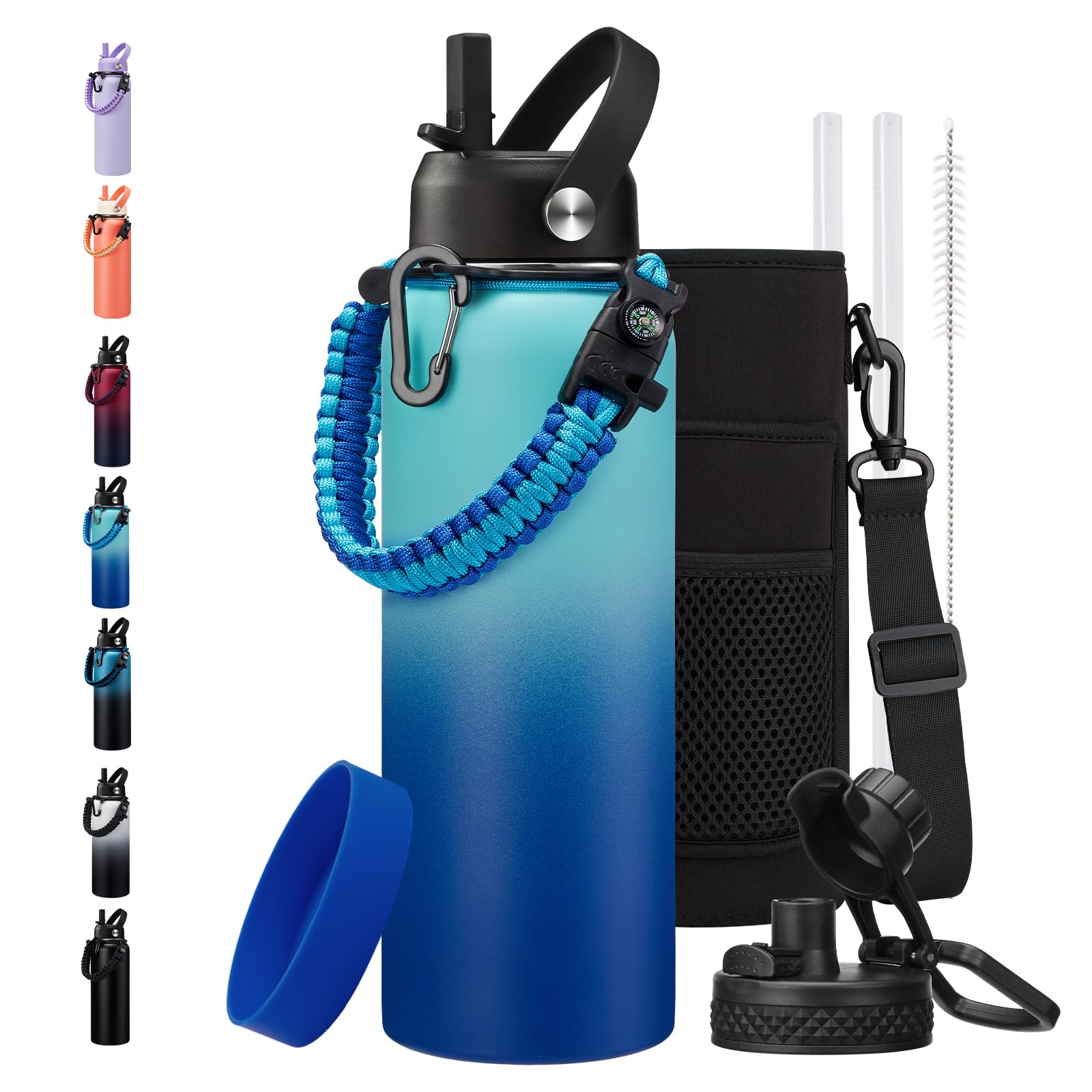 BENZZO Insulated Water Bottle 40 oz - Keep Cold 48H Hot 24H, Metal Water Bottles with Straw & Auto Chug Lids, Flask Boot, Travel Jug with Carrying