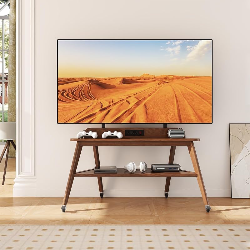Solid Wood Rolling TV Stand with Power Outlet, Mobile TV Stand