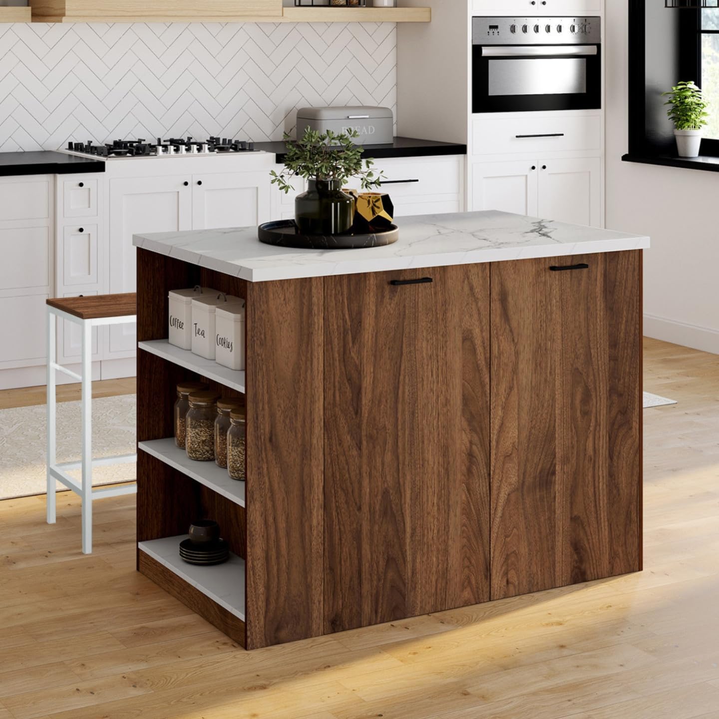 IDMarket - Ilot Central TIBO 120 cm Bois foncé Effet Noyer avec Plan de Travail Effet marbre Alaska