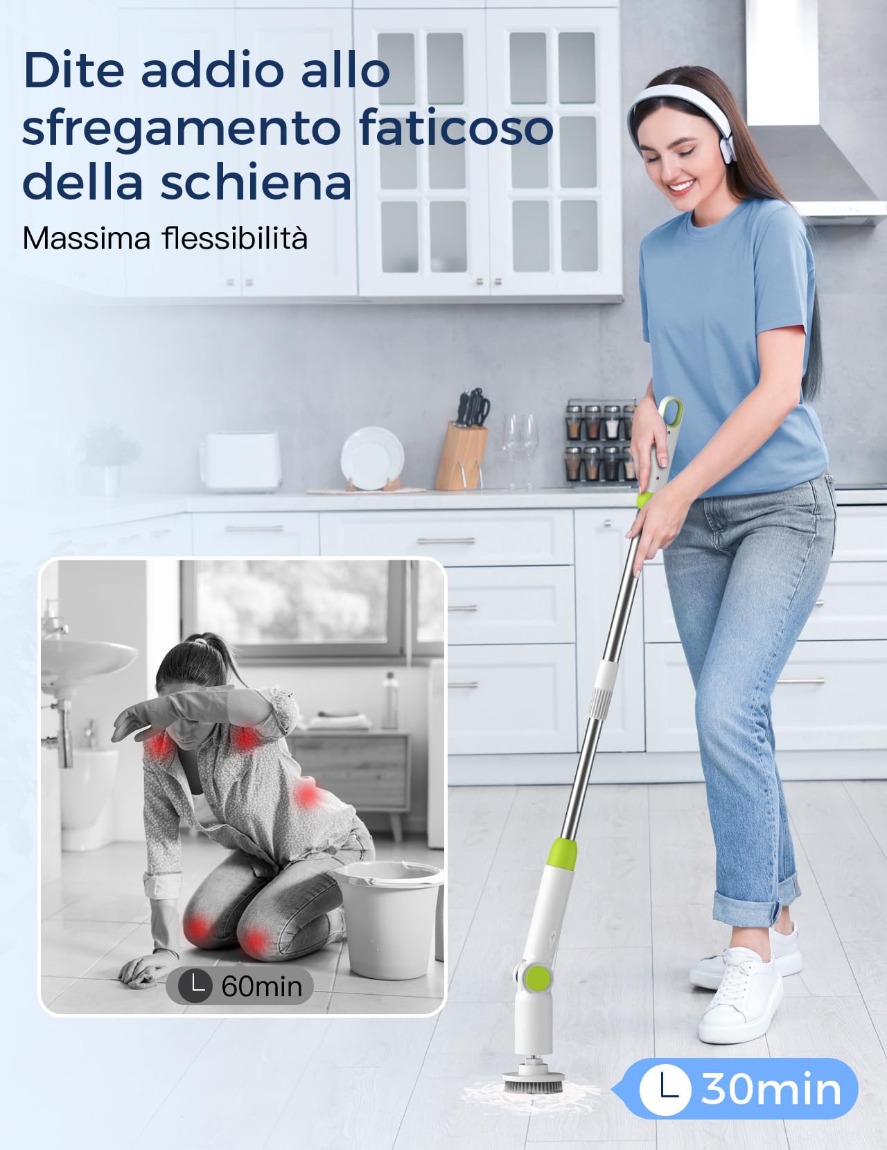 Spazzola Elettrica Rotante per Pulizia, IPX7 Spazzola Pulizia da 2.5 ore a doppia velocità con 8 testine Manico Regolabile Potente Pulizia Spazzola 2 Velocità Casa Bagno, Cucina Pavimenti