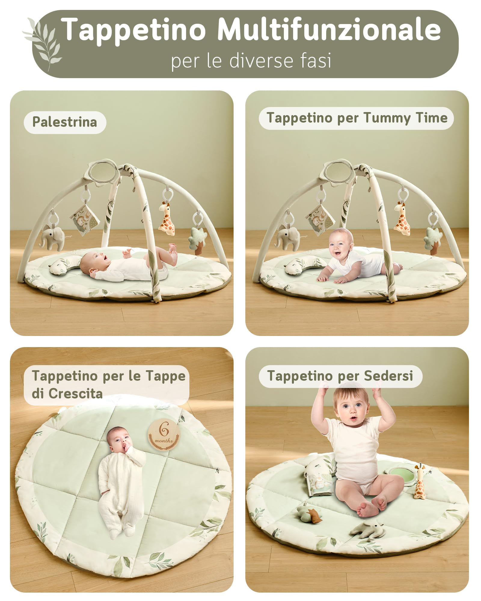 Fortella Palestrina Neonato Evolutiva Tappetino Gioco Attività 5 Giocattoli Sensoriali Specchio Cuscino 0-12 Mesi Verde