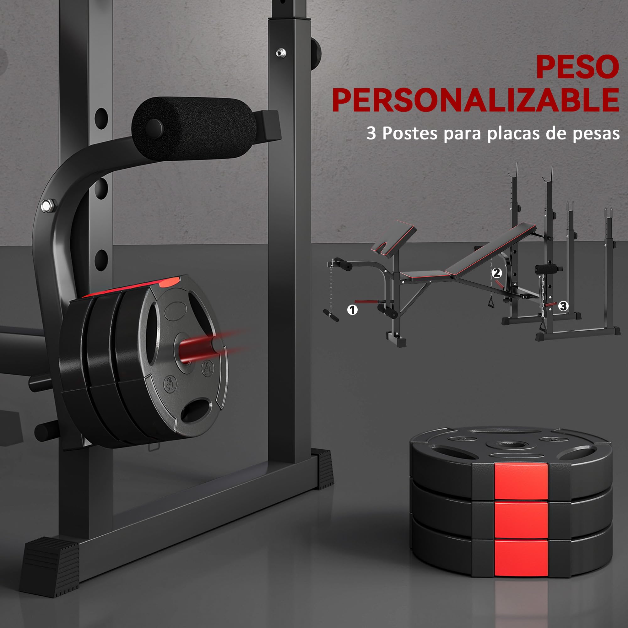 SPORTNOW Banco de Musculación Multifuncional Respaldo Ajustable Negro | Banco de Pesas Multifuncional, Press Banca, Soportes para Barra Regulables, Entrenamiento de Cuerpo, Casa, Gimnasio