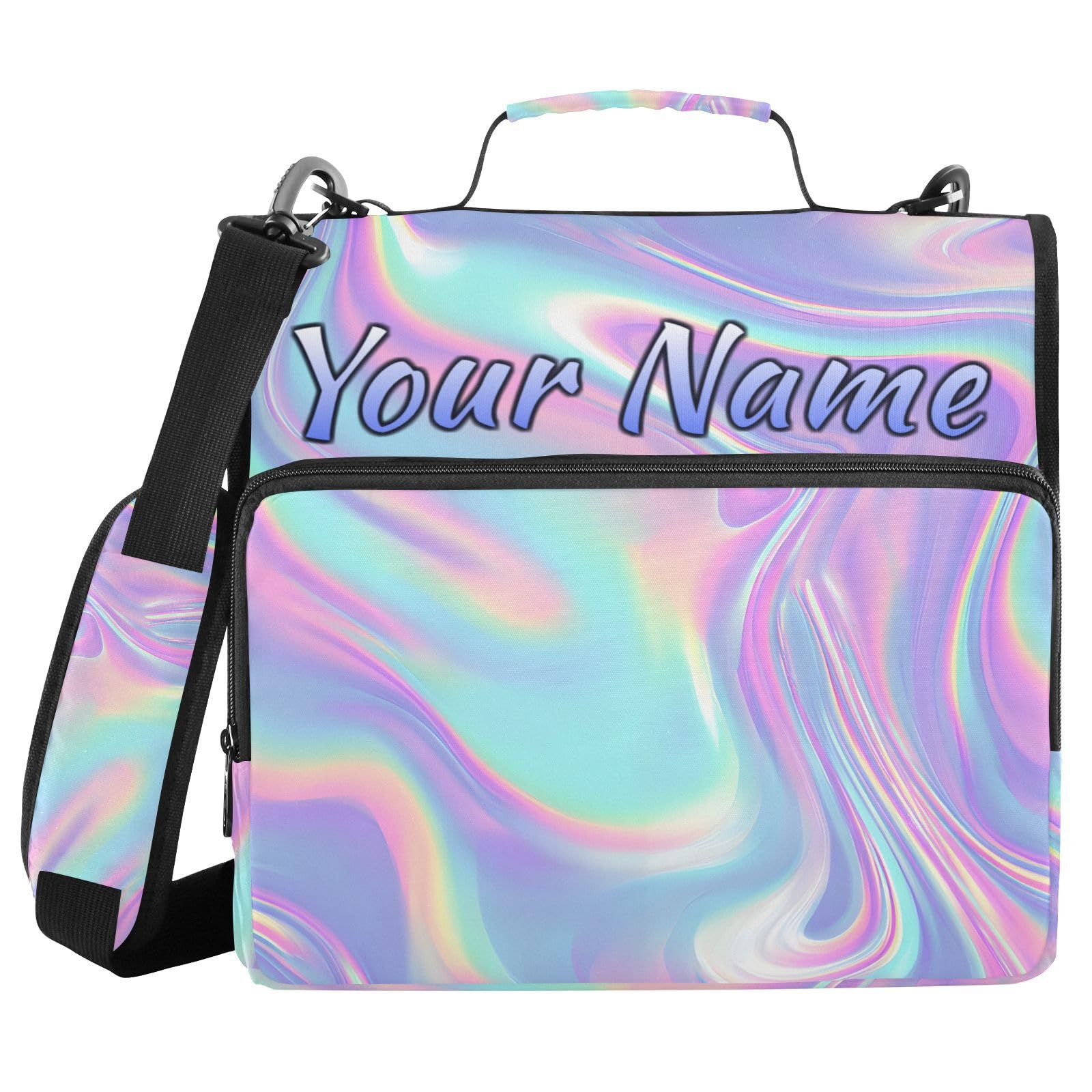 Custom 3 Ring Zipper Binder Holographic Neon Pattern Iridescent Personalized Name 1.5 Inch Binders Large Capacity Multi Pockets for School Office Supplies