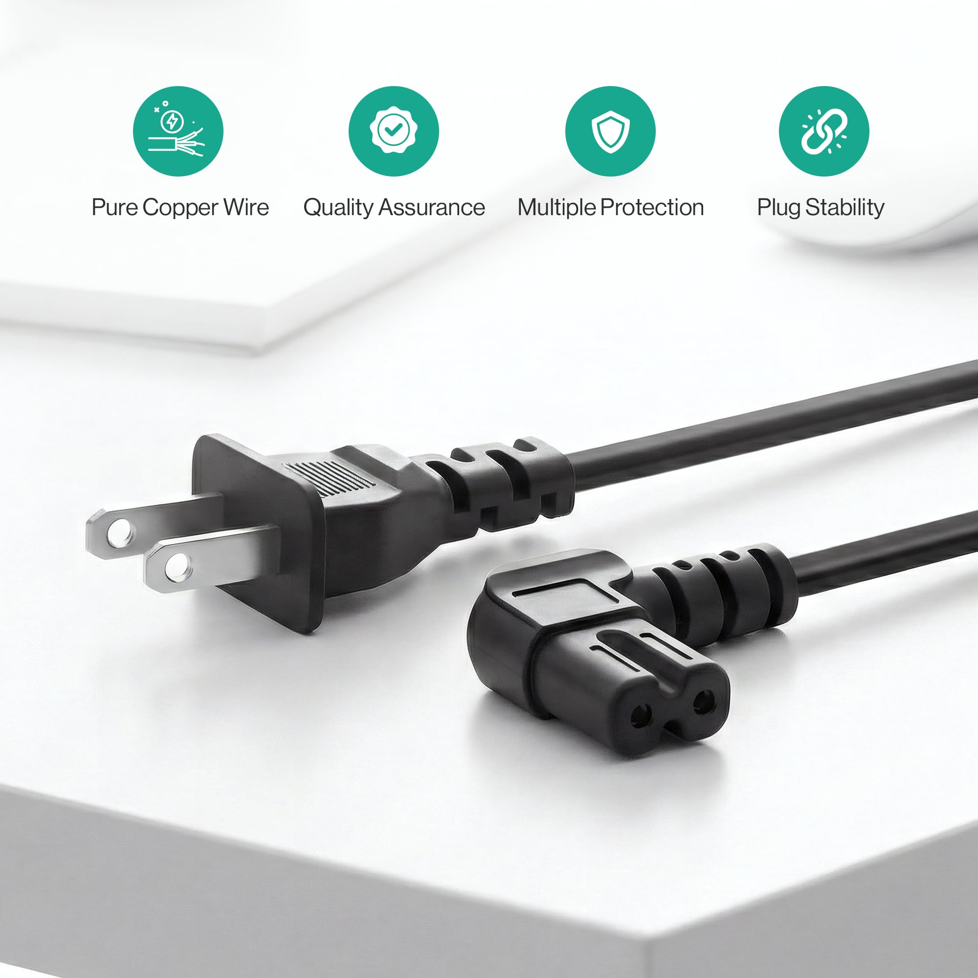 AC 90 Degree Right Angle 2 Prong TV Power Cord Replacement 5ft L Shaped Angled IEC C7 TV Cable for Samsung, LG, TCL, Hisense, Sony, Vizio, Insignia, Sharp, Toshiba — view 5