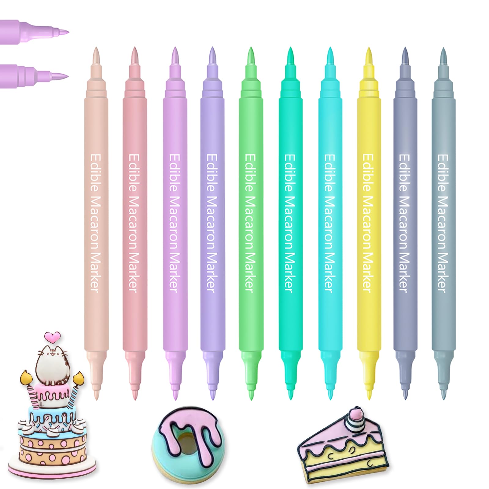 EdibleInk Macaron Food Coloring Pens 10 Color - Dual Tip Edible Markers with Fine & Thick Ends, New Macaron Pastel Set for Decorating Cookies, Cakes, Fondant, Icing, Cupcakes