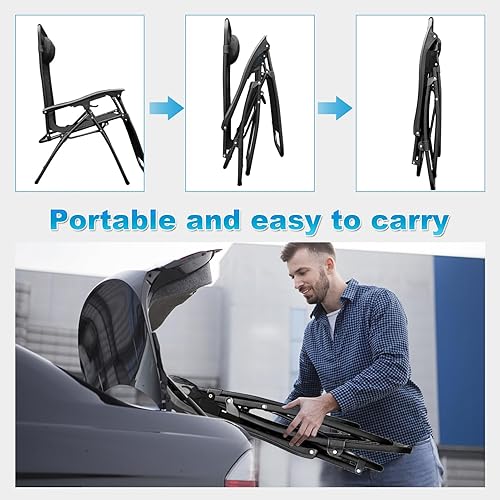 Miniatura 6 de YOMIFUN Juego de dos sillas de gravedad cero, silla reclinable plegable con almohada extraíble y mesa auxiliar, color negro