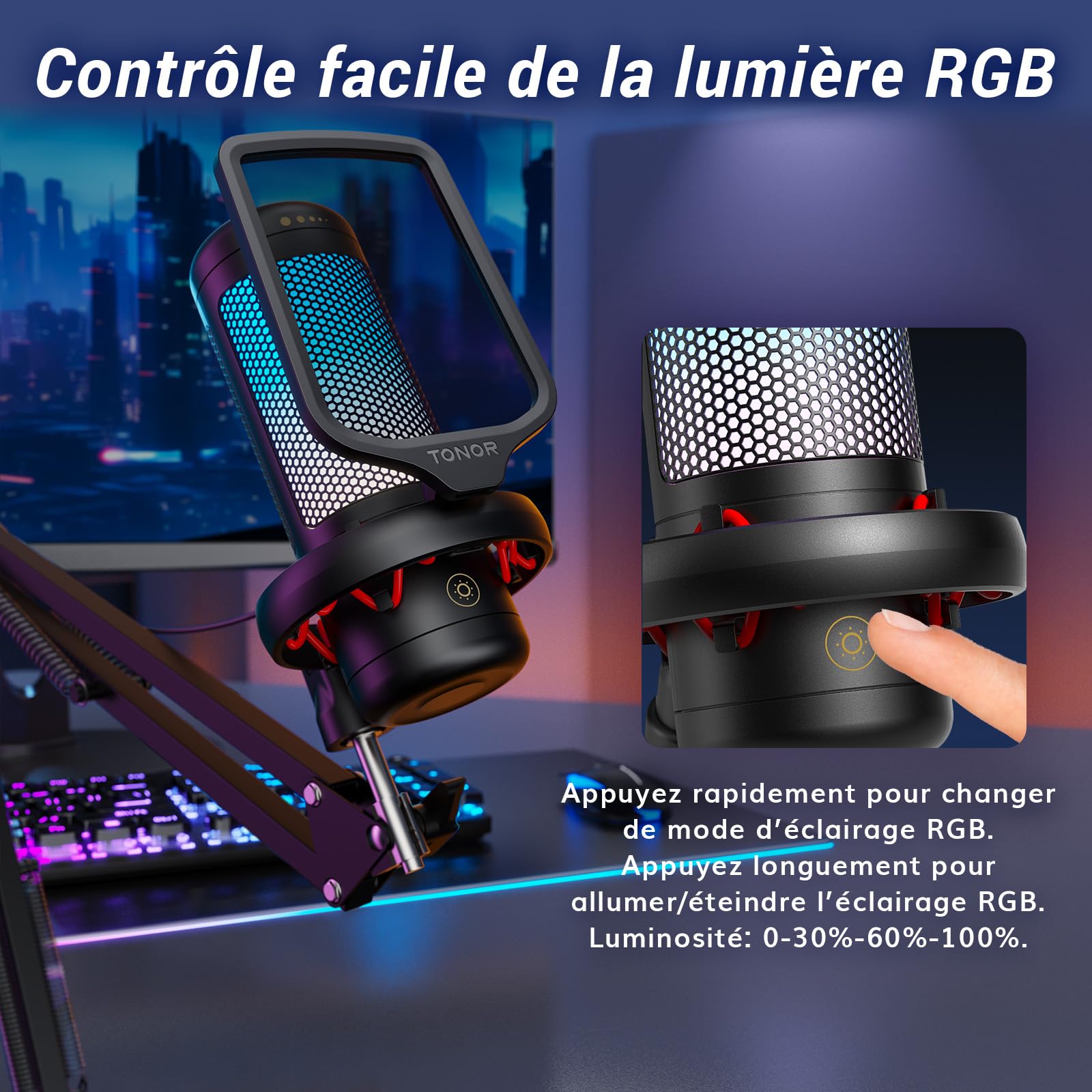 TONOR Micro PC Gaming RGB, USB Microphone Condensateur Professionnel Mic avec Support de Bras pour Streaming, Enregistrement, Youtube Discord Gaming, Voix-Off pour Ordinateur Laptop Mac,200cm, TC310+