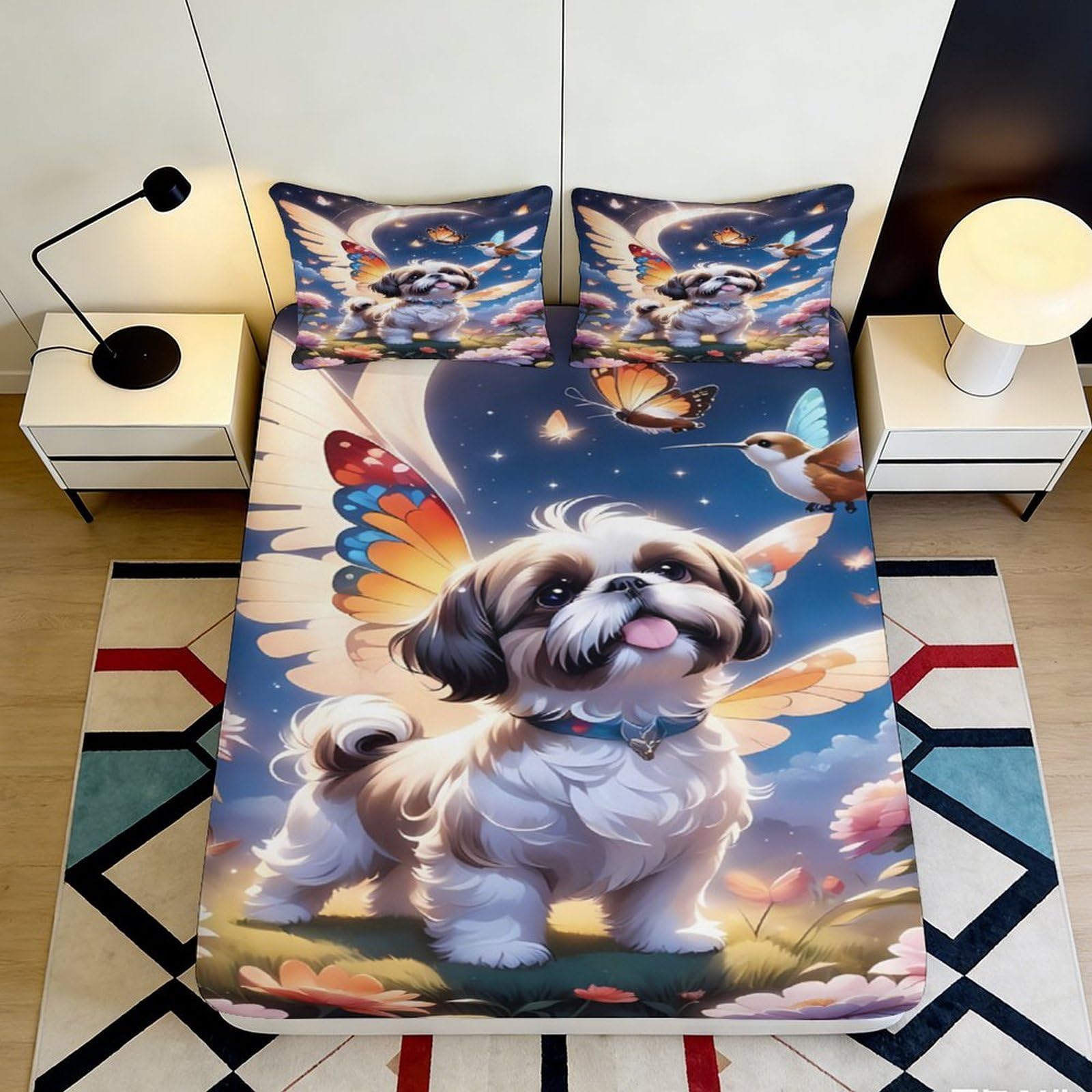 3D Printed Shih Tzu Butterfly Fitted Sheet Microfiber Soft Bed Sheet Bedroom Decor Mattress Cover for Home Dorm 90x200x25cm