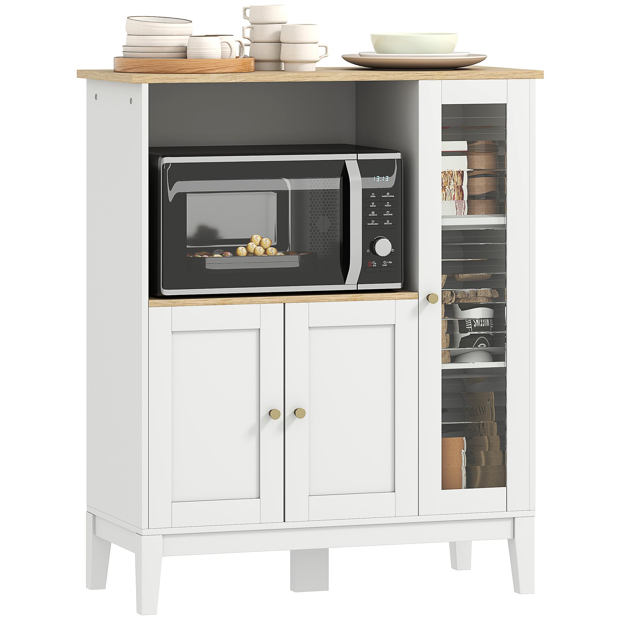 HOMCOM Mueble Auxiliar de Cocina Moderno Mueble para Microondas Aparador de Cocina con Estantes 3 Puertas Compartimiento Abierto y Sistema Anti-​vuelco para Comedor 80x35x97 cm Blanco