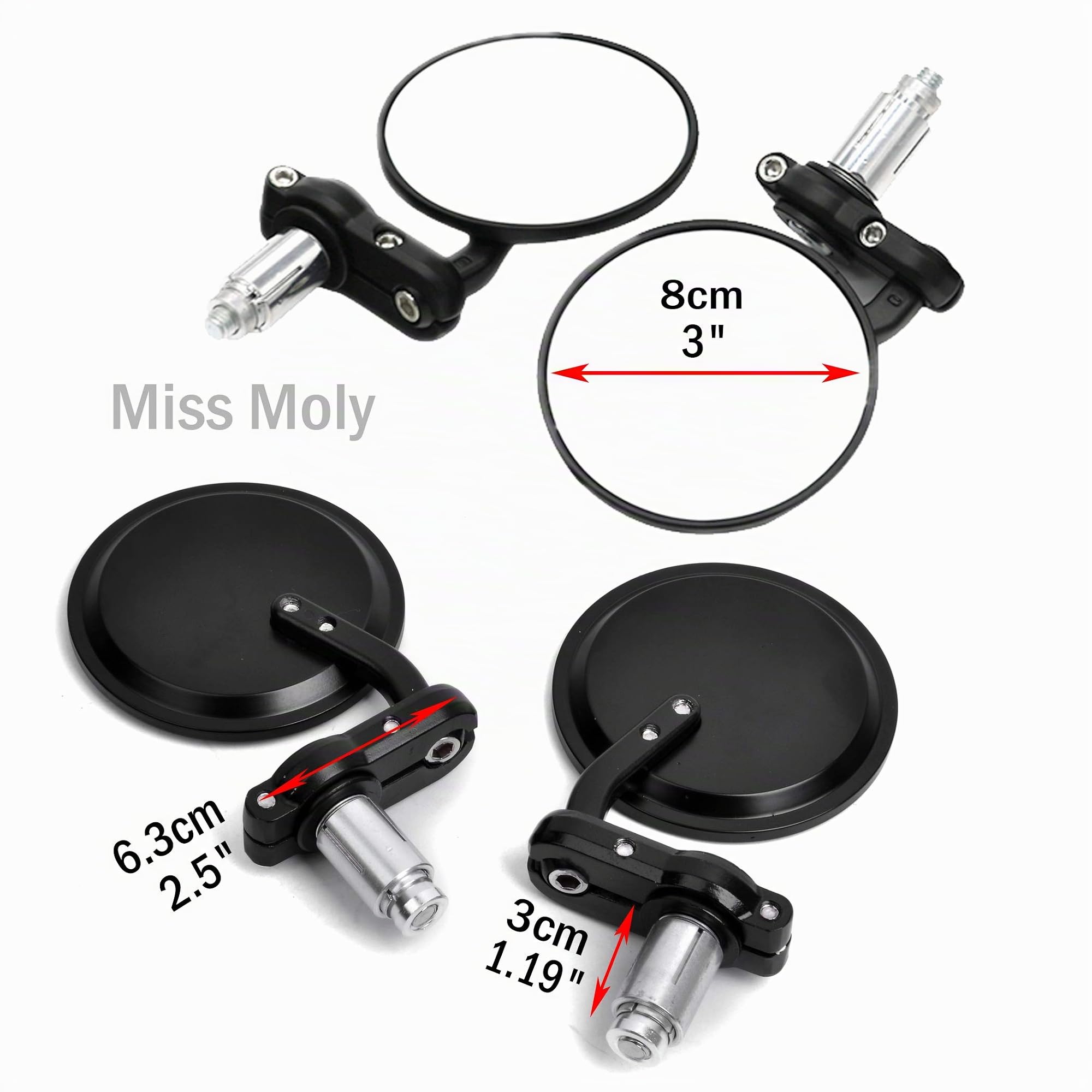 Rotondo Moto Specchi 7/8" Manubrio Specchietti Laterali per Chopper Cruiser Scooters(#2-Nero)