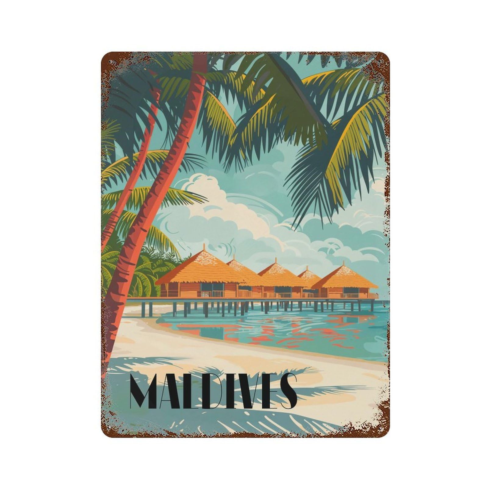 Aged Metal Wall Plaque with Maldives Paradise Huts Design 15.7"x11.8", for Pub, Kitchen And Man Cave Decor, Shabby Chic Decor