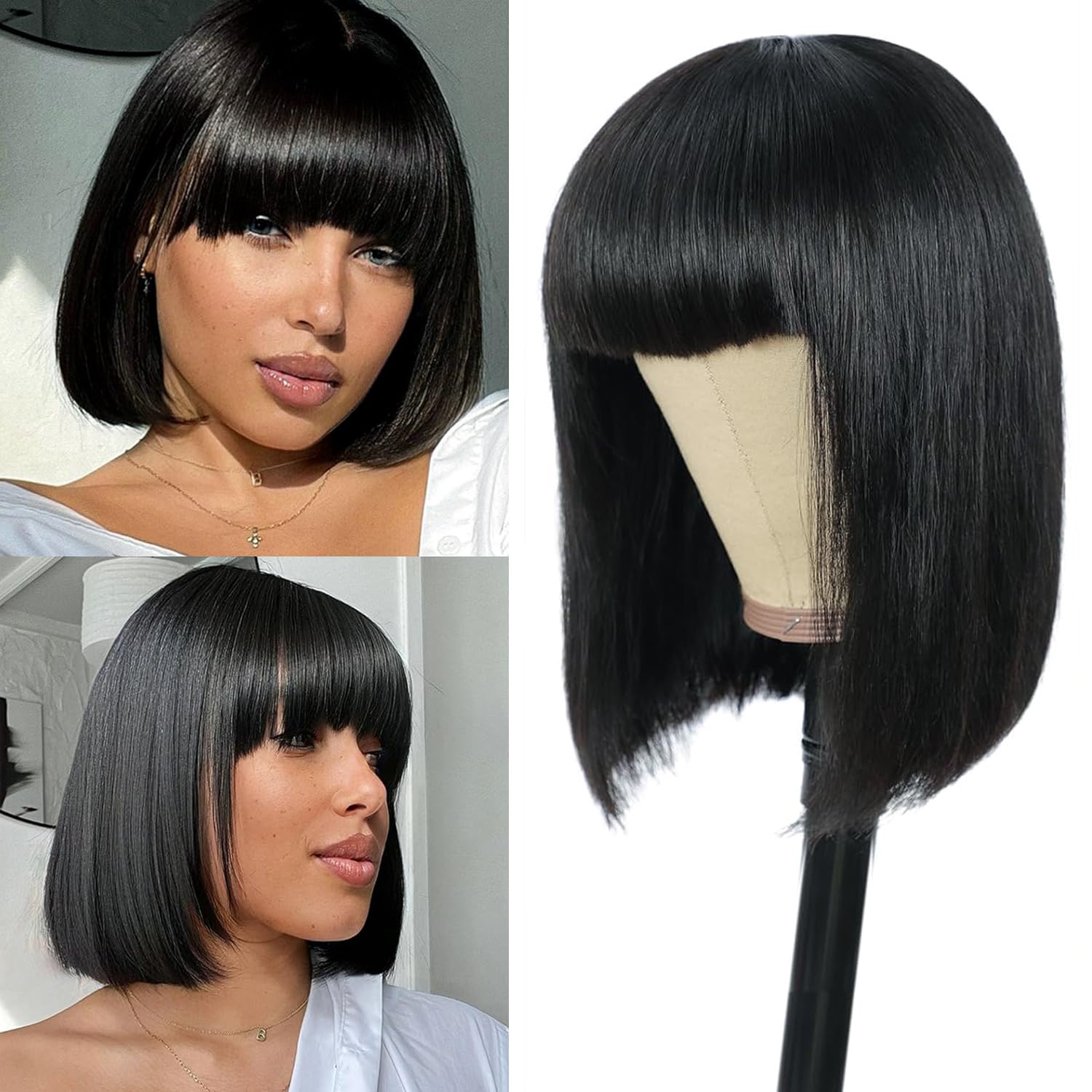 PORSMEER Short Bob Human Hair Black Wigs with with Fringe for Women Realistic Short Straight Wigs,Ready to Go Glueless Wig 100% Real Hair Brazilian Virgin Remy Hair Daily Wear 10inch - Image 2