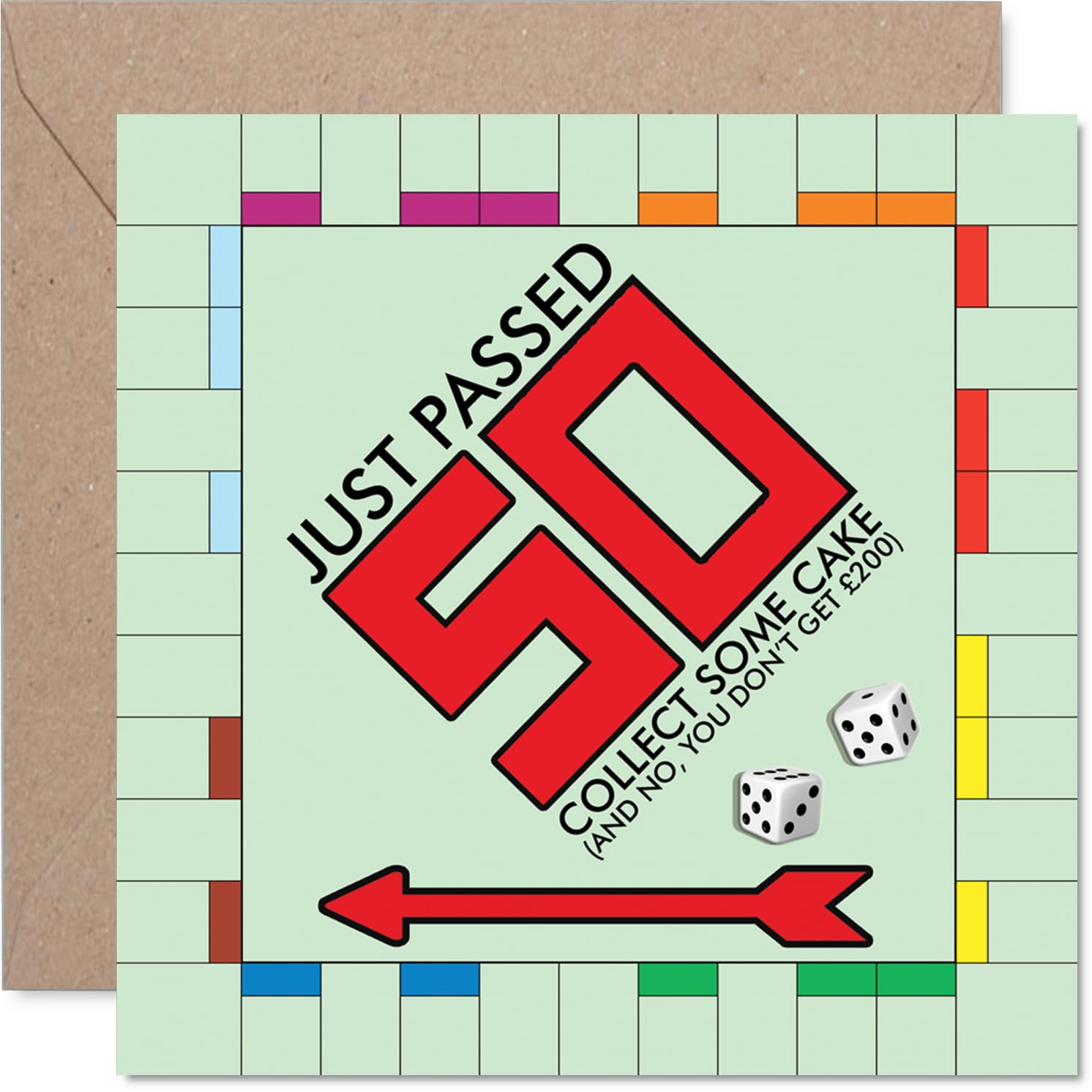 Funny 50th Birthday Card - Level Up to 50 with Cake, Not Cash - Monopoly-inspired Milestone Laughs - Playful Nod to Classic Board Game Fun - 145mm Square, Envelope Included