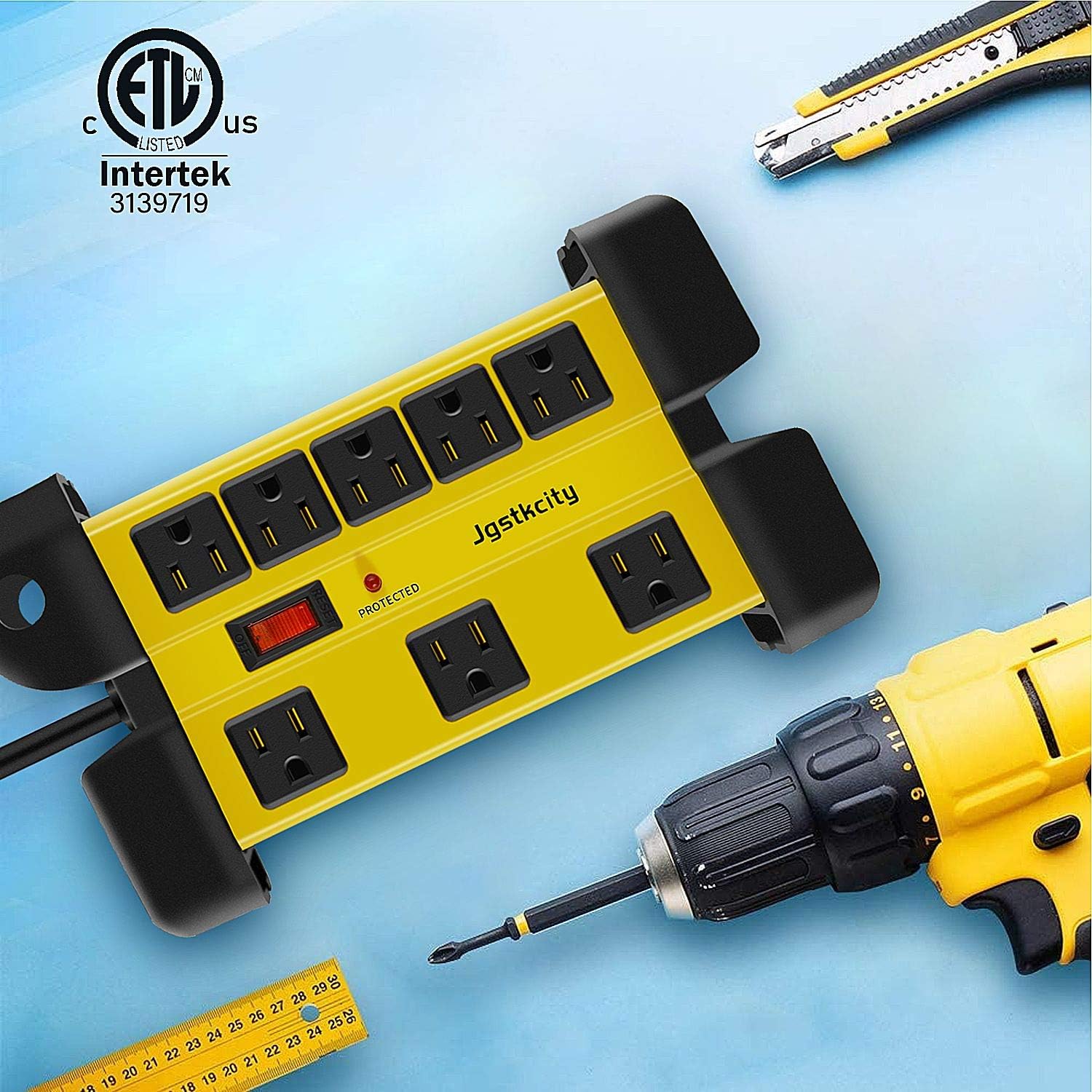 8-Outlets Heavy Duty Surge Protector Outdoor Power Strip,6 Ft Power Cord Metal Power Strip for Appliance Garage,ETL Listed Metal Housing Workshop Power Strip (Yellow)