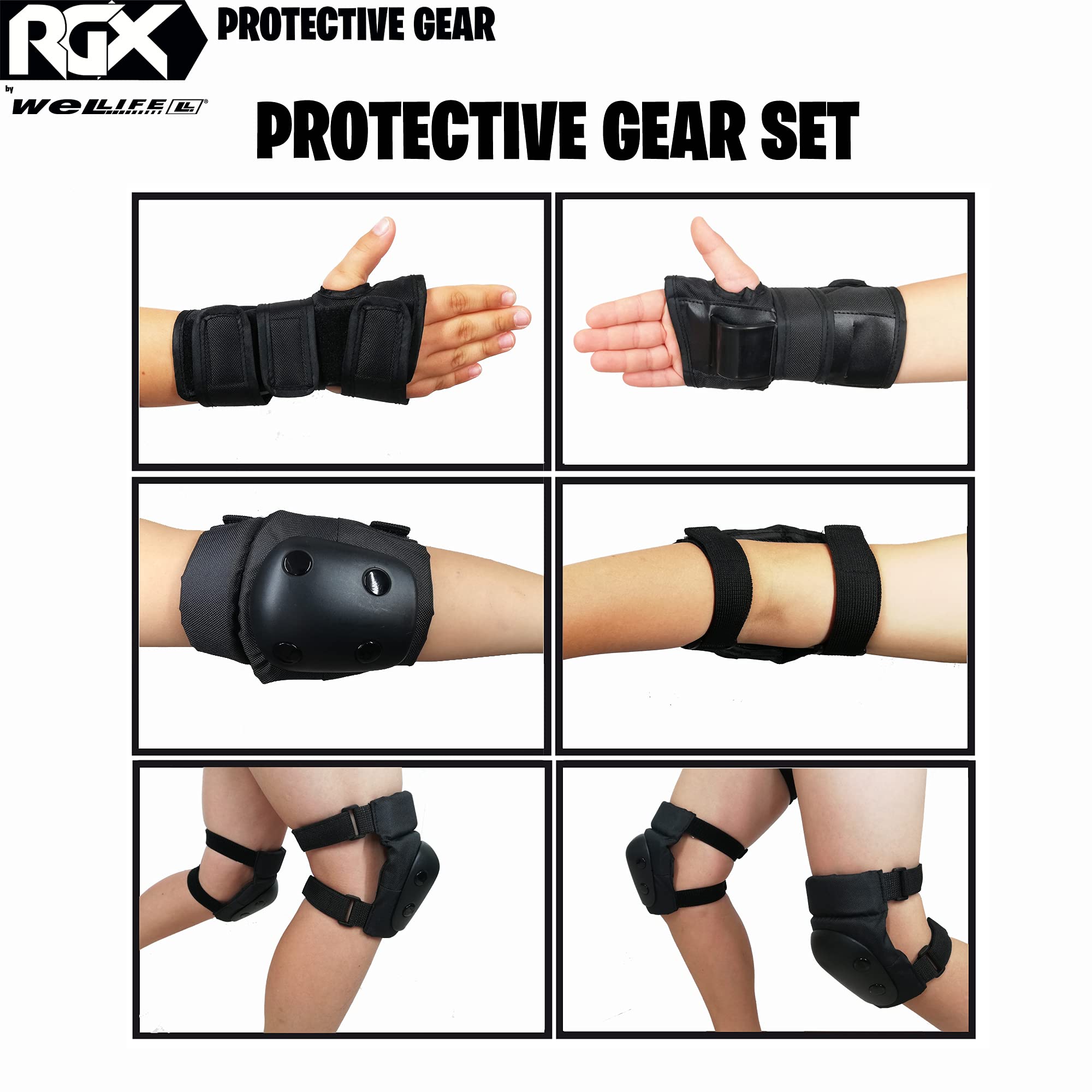 WeLLIFE Casco Regolabile per Bambino e Ragazzo Compreso Set Protezione, Casco e Kit di Protezioni Completo di Ginocchiere Gomitiere Parapolsi per Skateboard, Pattini in Linea, Bici, Monopattino