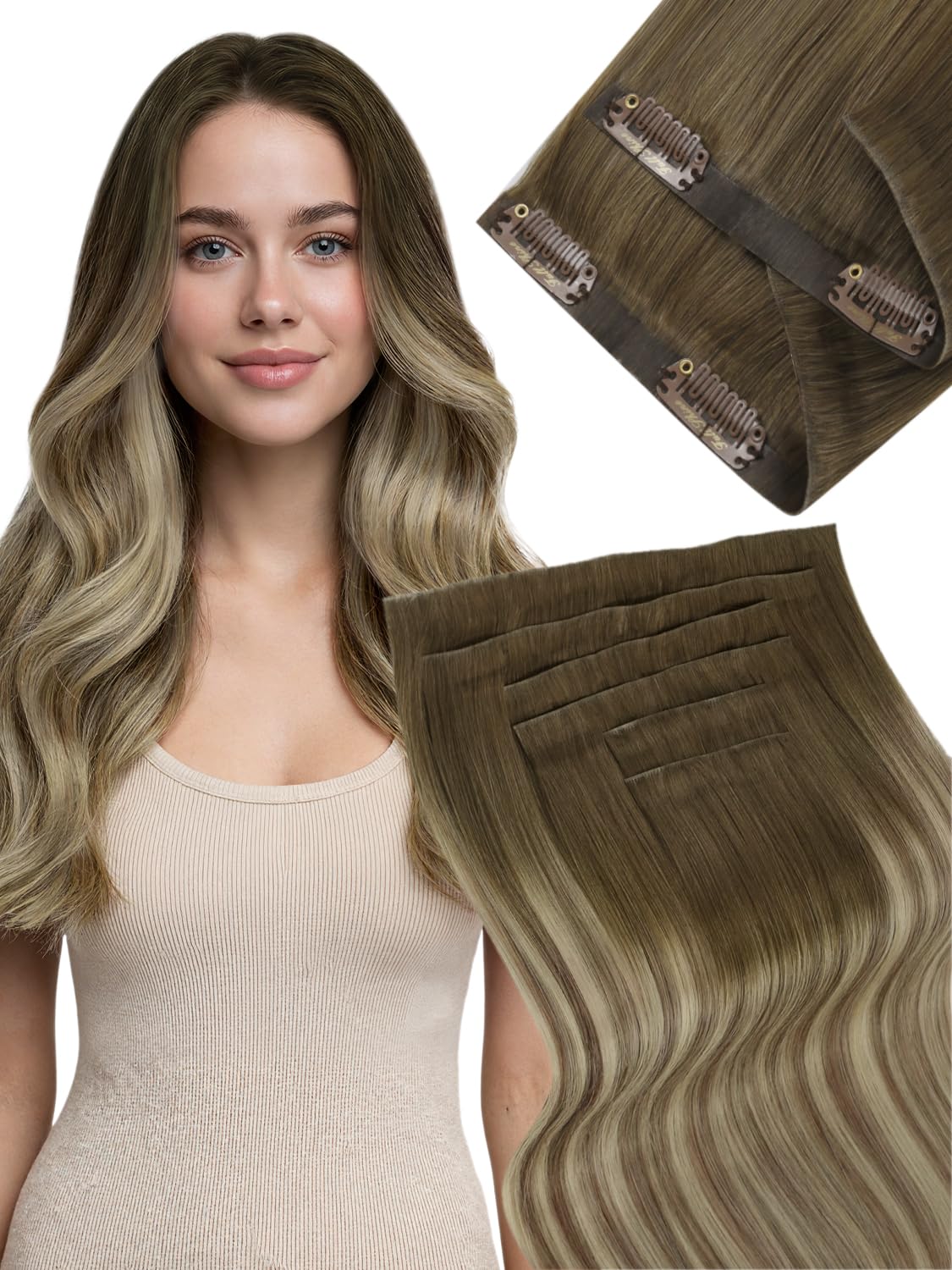 Fshine Extension Capelli Veri Clip 55 cm 110 g 6 pcs Extension Capelli Clip Invisibile PU Castano Scuro con Riflessi Biondi Lisci Umani Estensione Clips Confortevole Matrimonio Colore 3 8 22