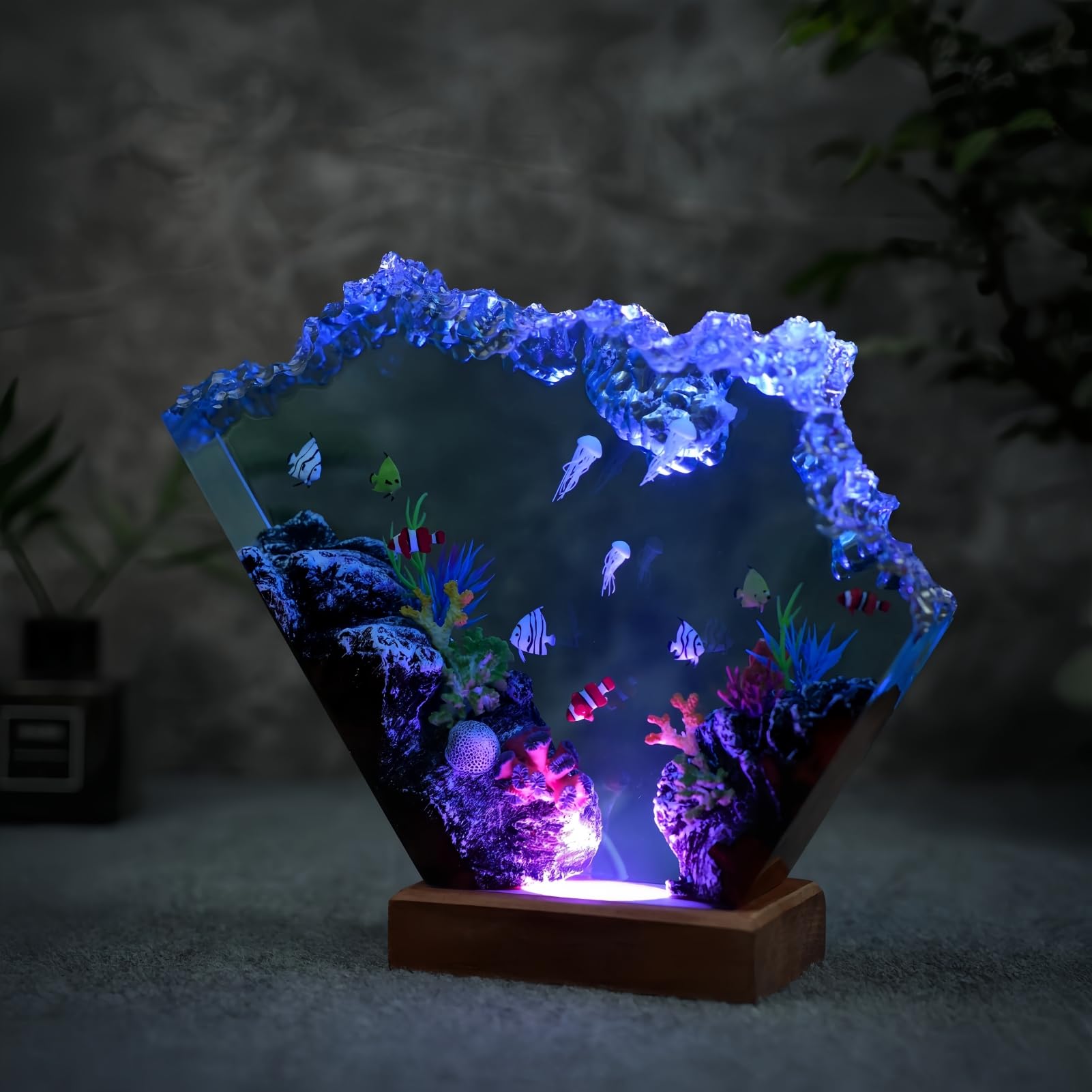 Drawelry Luce Notte Resina Epossidica Paesaggio Sottomarino 3D Artigianale, Decorazion Casa Base Legno, Mini Acquario Marino con Animali Marini Lampada per Cameretta Soggiorno Ufficio (A12)