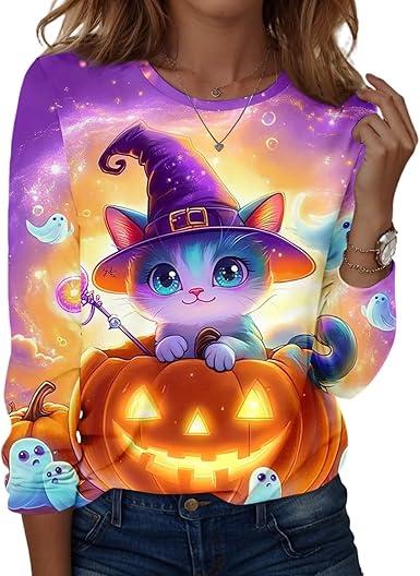 Halloween Shirts for Women Long Sleeve Plus Size Fashion Crewneck Comfortable Tshirts Halloween Costumes for Women