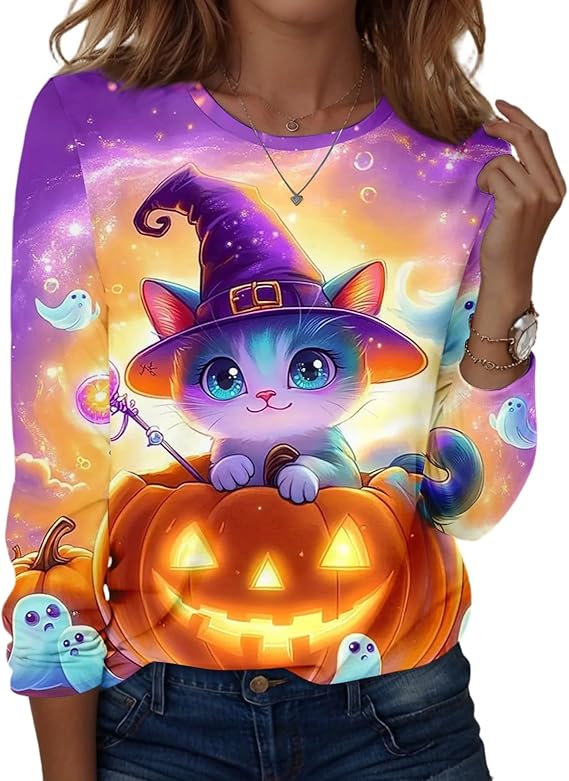 Halloween Shirts for Women Long Sleeve Plus Size Fashion Crewneck Comfortable Tshirts Halloween Costumes for Women