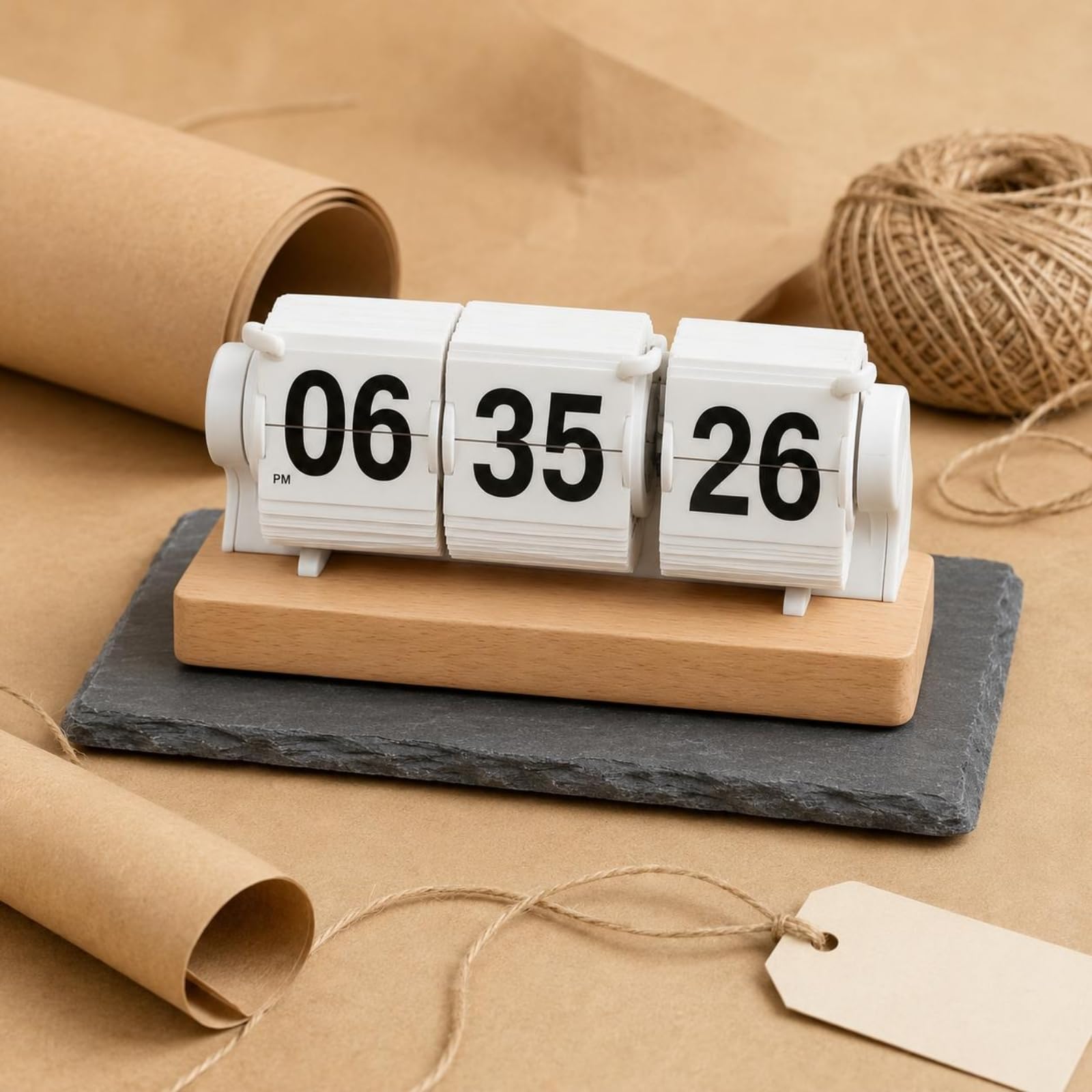 predolo Orologio da Scrivania Orologio Flip Orologio da Tavolo Timer da Ufficio Accessorio Minimal in PVC E Legno con Display a Cartellini Adatto per Scrivania Postazione Lavoro Casa, Nero