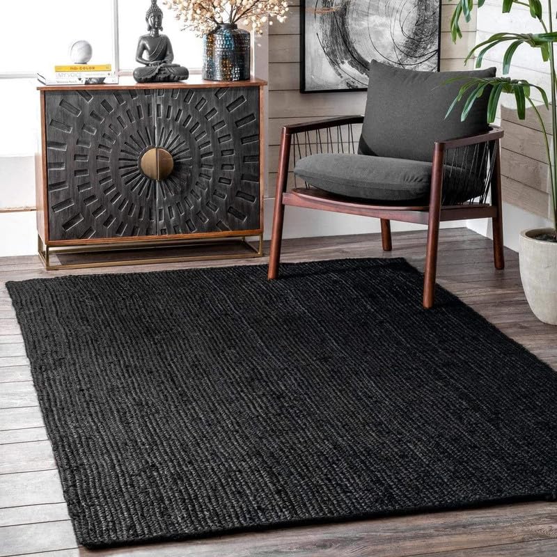Image of F R Creation Jute Reversible Braided Natural & Handwoven Jute Carpet, Carpet for Living Room Braided Rug, Offices Carpet, Guest Room Size (7X10 Feet Black)